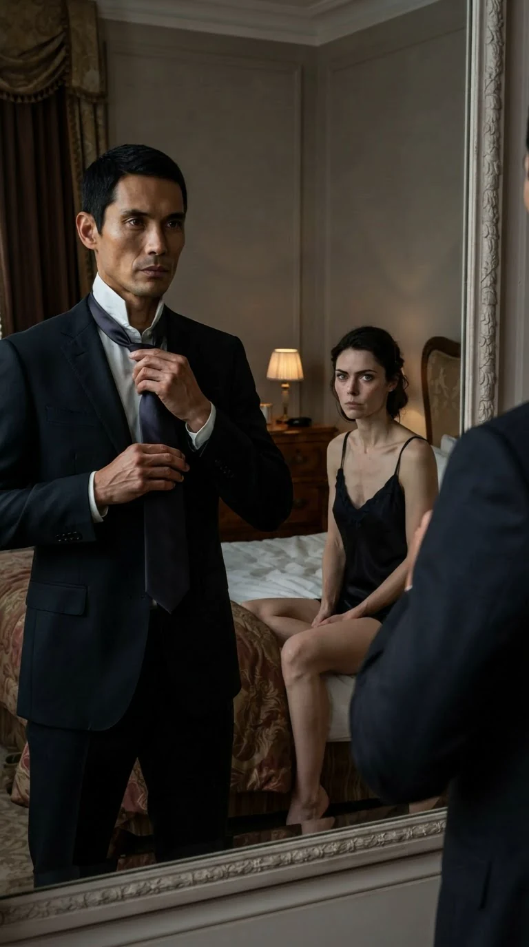 Quincy knots his tie at a mirror while Rue watches from the edge of the room.
