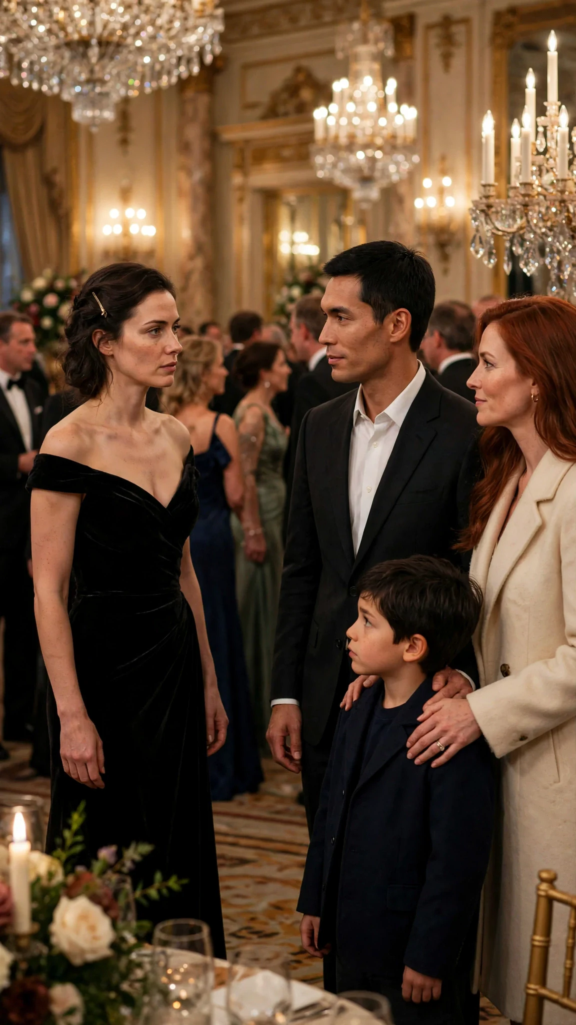 Rue enters a chandelier-lit foundation dinner and sees Quincy standing with Diana and Felix.