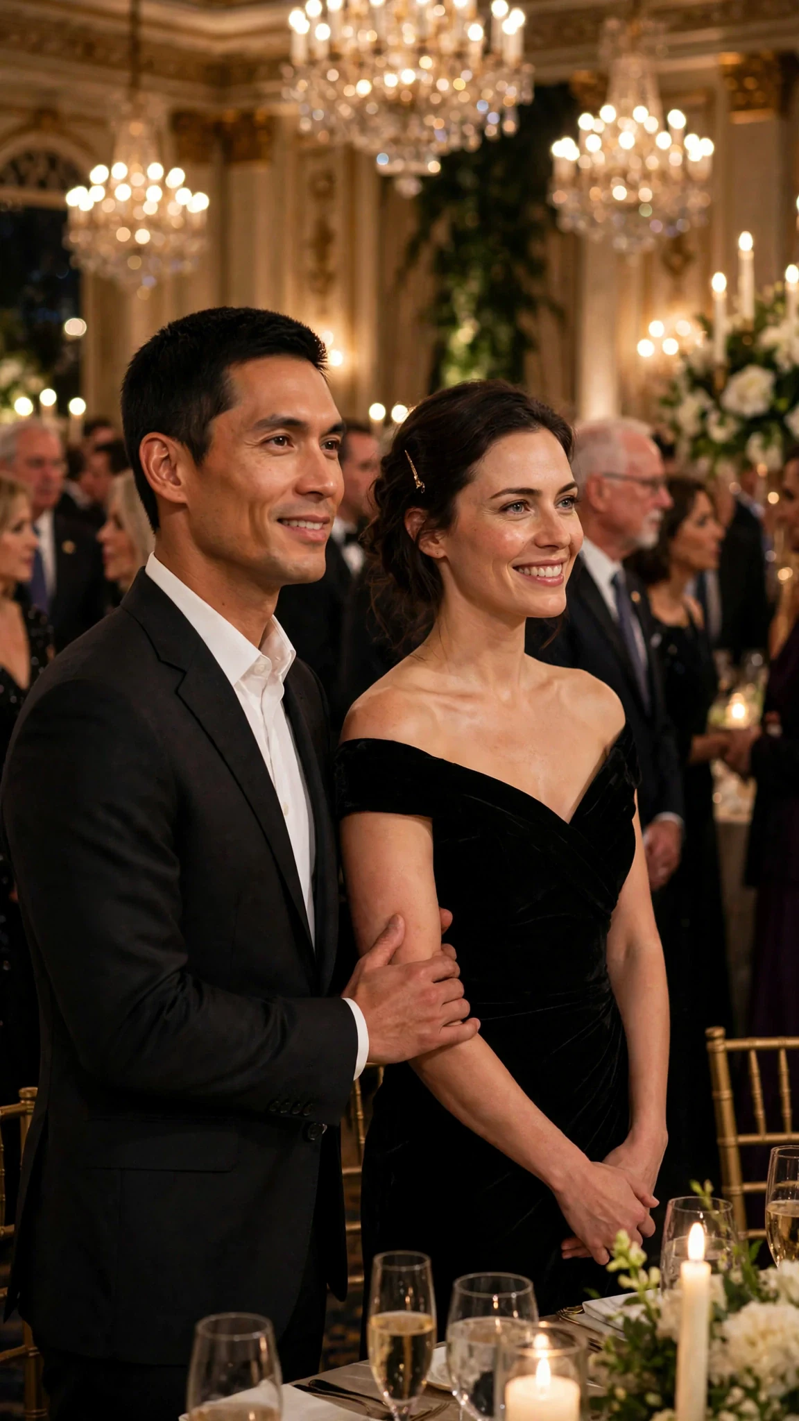 Quincy presents Rue to a circle of donors, his hand at her elbow.