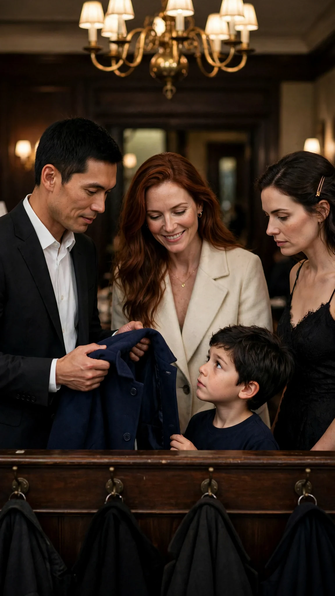 Quincy holds Felix's coat while Diana stands close, telling Rue he is taking them home.