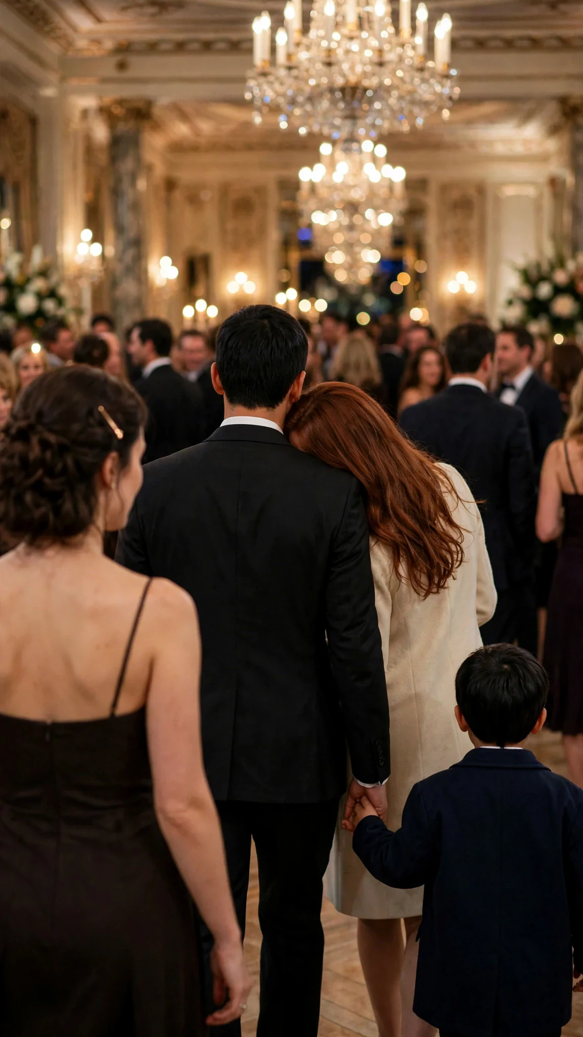 Felix takes Quincy's hand as Quincy, Diana and Felix walk away through the dinner crowd.
