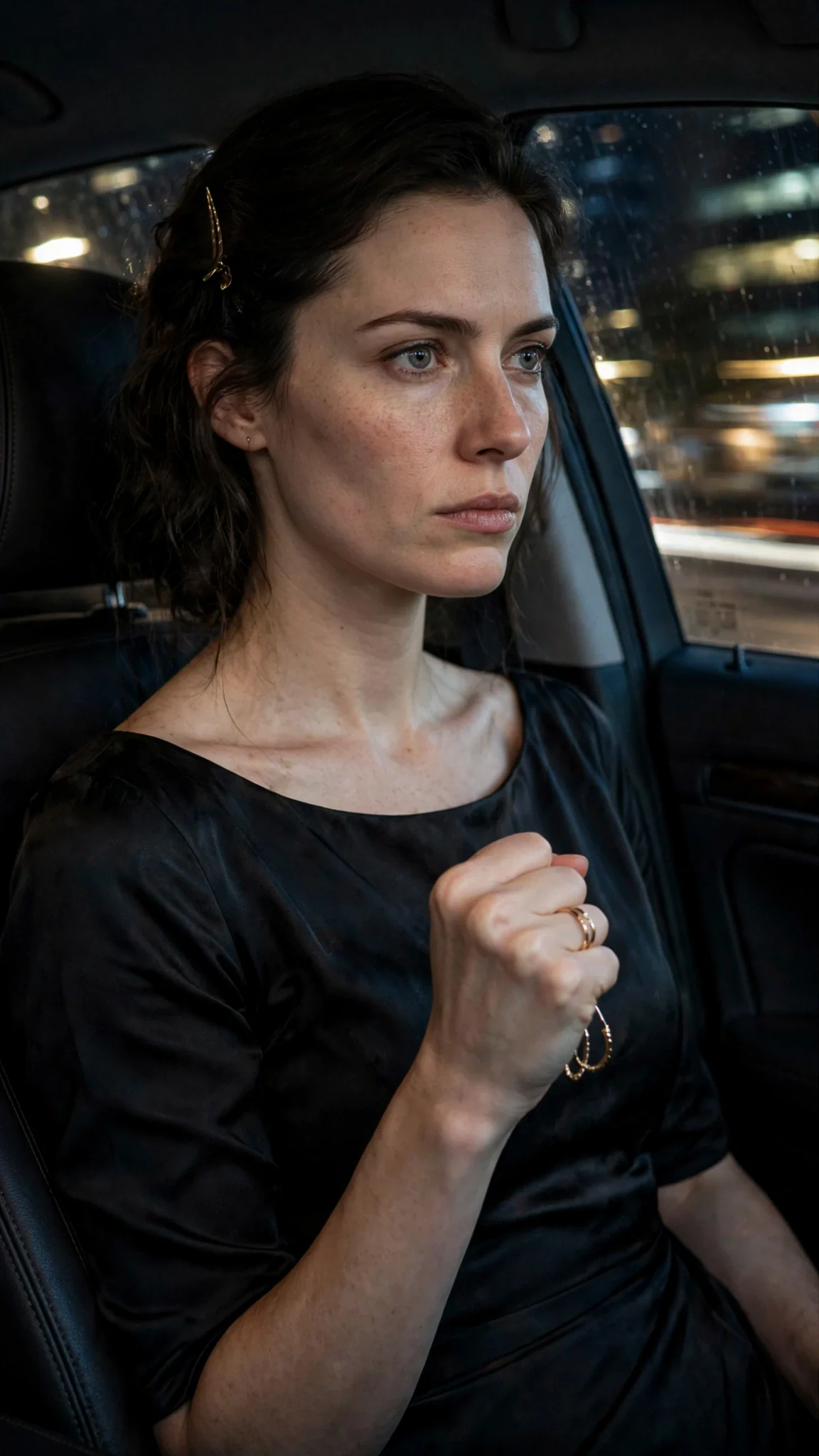 Rue sits alone in a town car with city lights outside, holding her earrings in her fist.