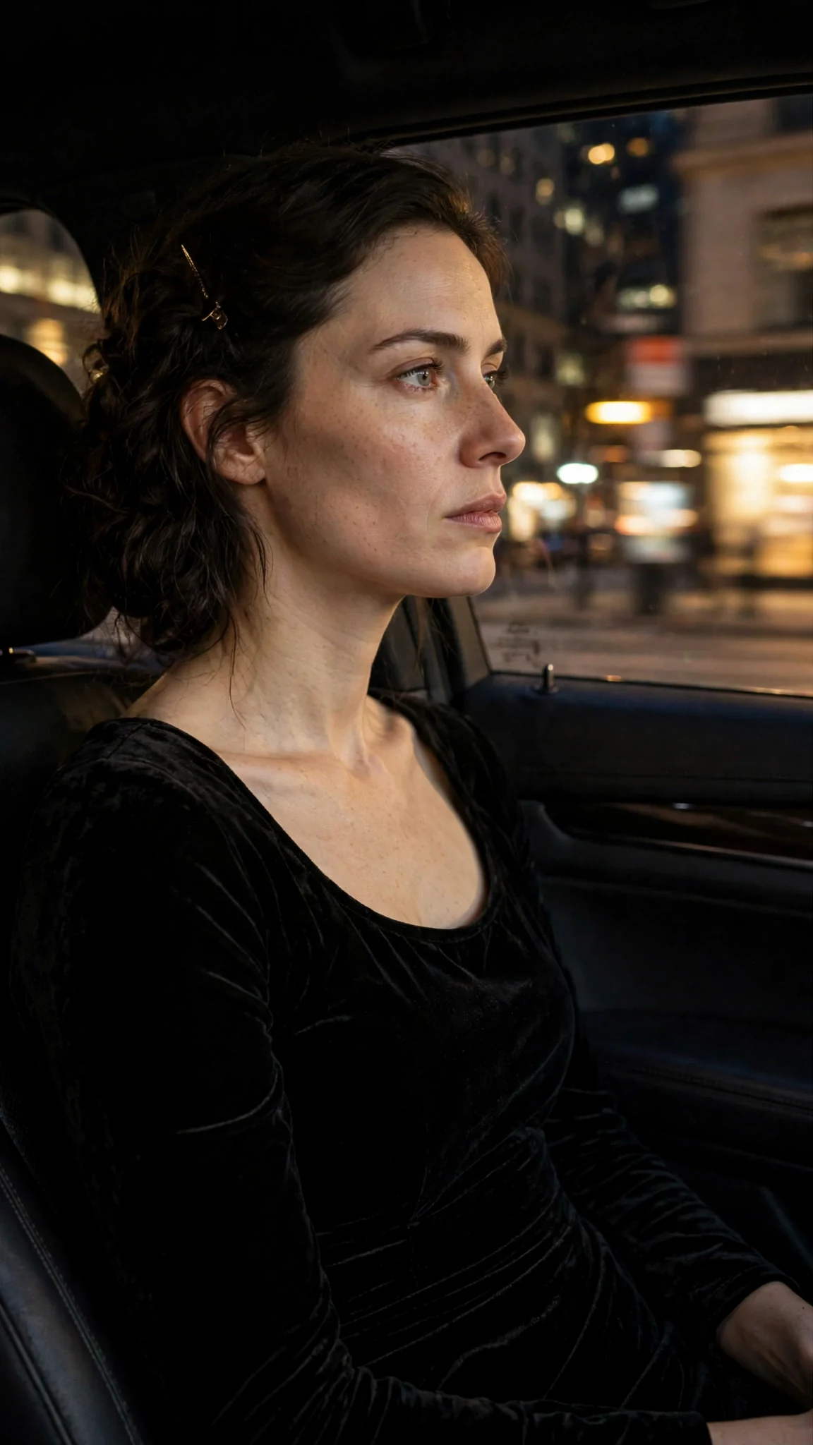 Rue looks out the car window as Fifth Avenue lights pass, her expression plain and resolved.
