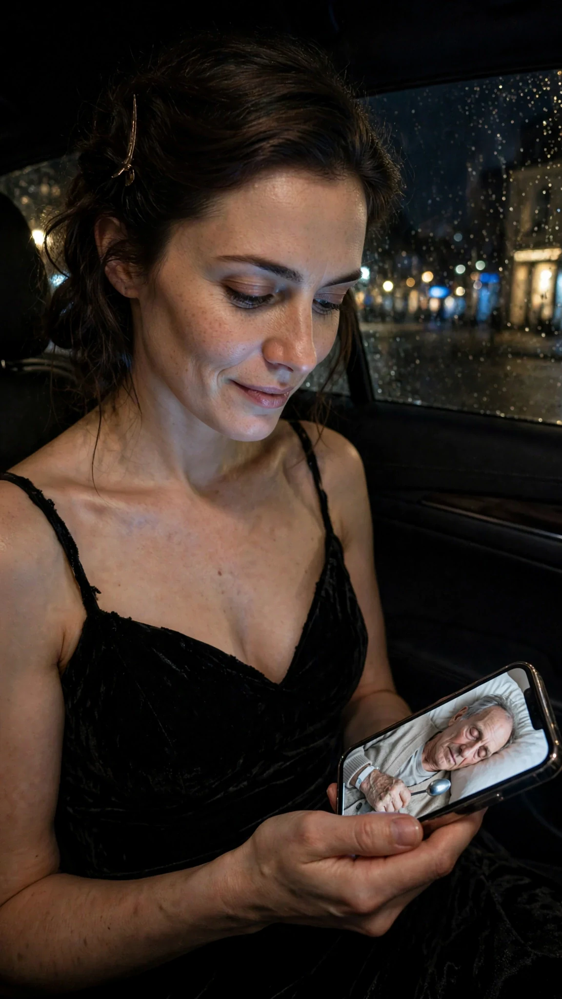 Rue looks at her phone in the car, a photo of her sleeping father on the screen.