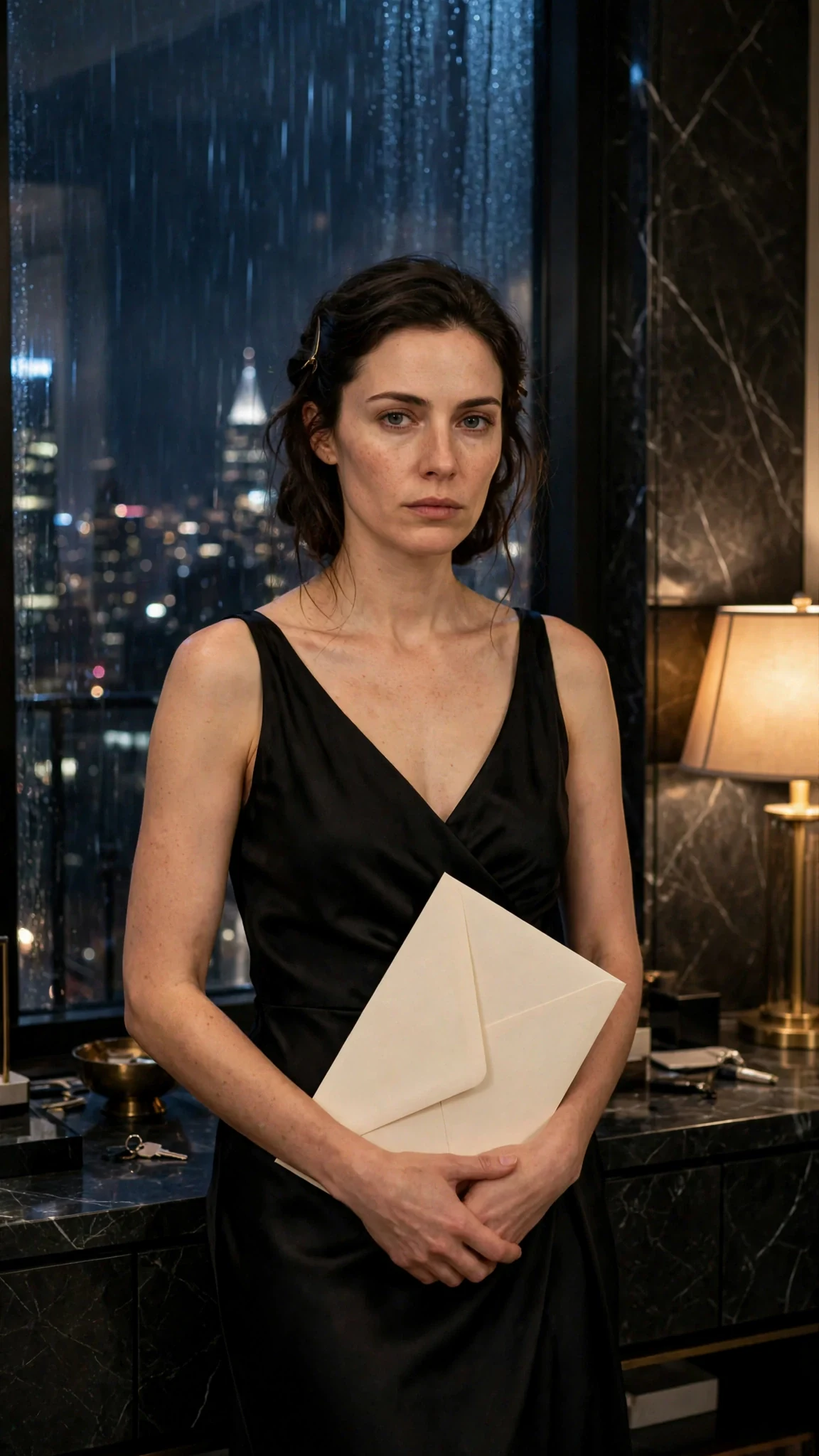 Rue stands in a dim apartment foyer holding a thick cream envelope, still in her evening dress.