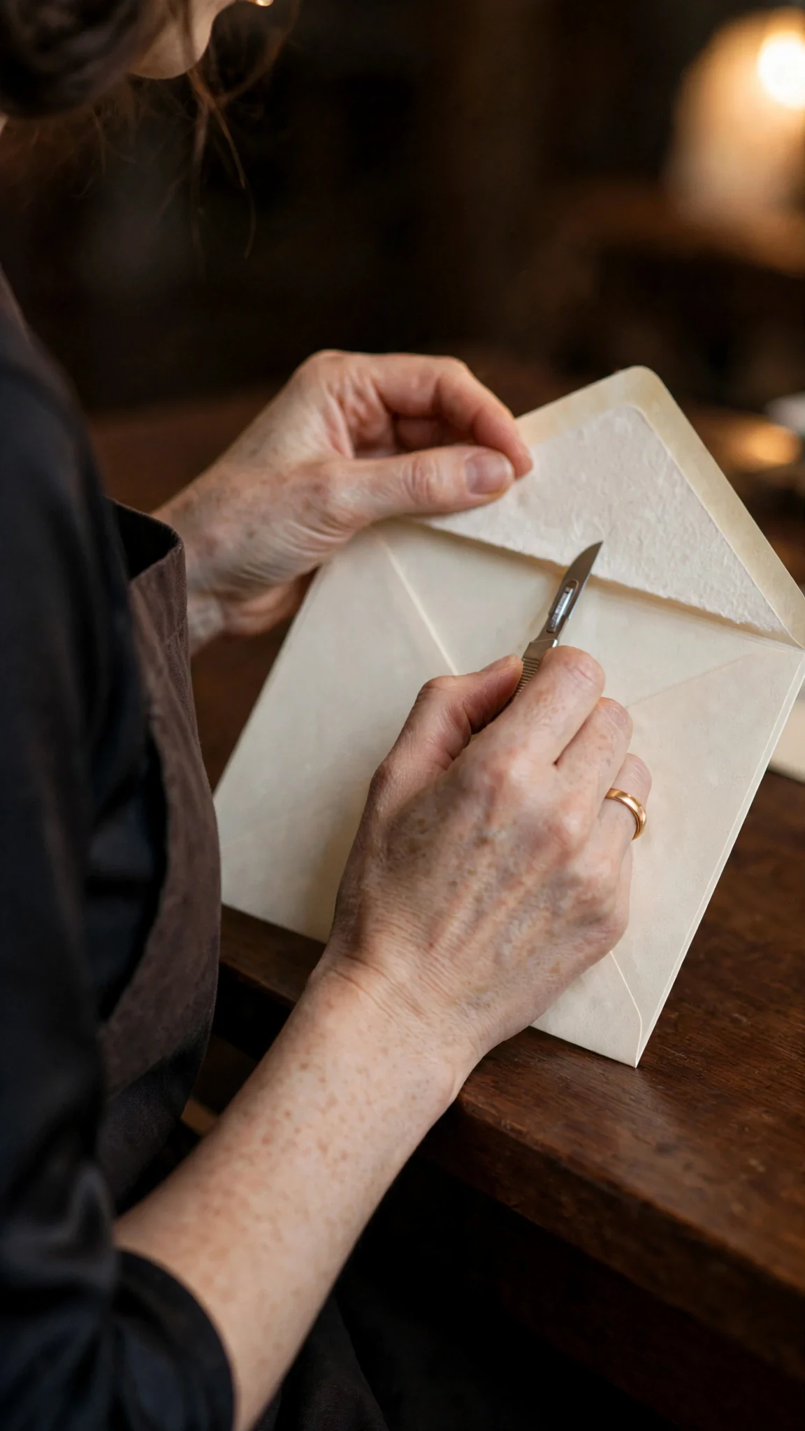 Close view of Rue's hands sliding a slim scalpel under the envelope flap.