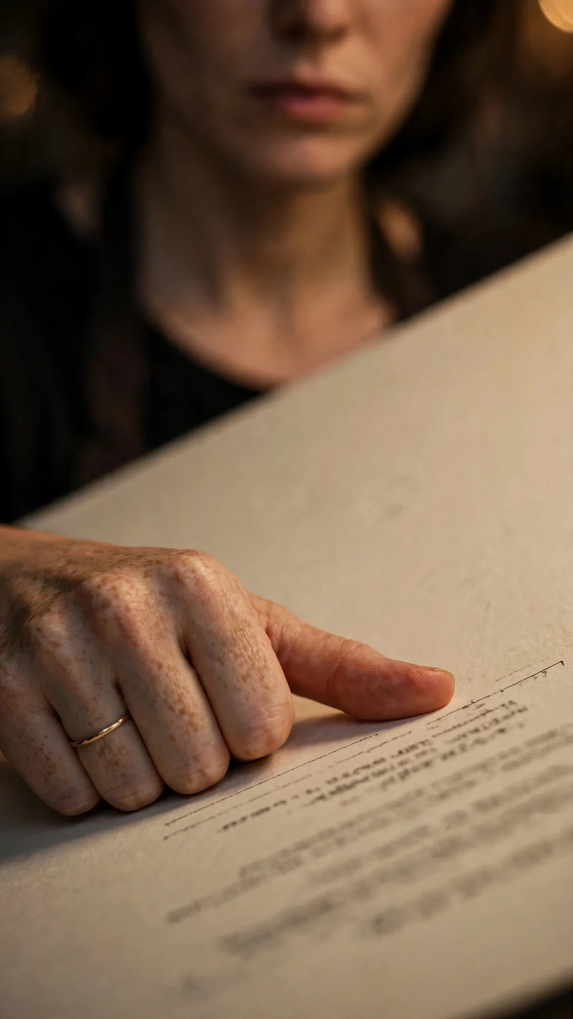 Rue's thumb presses flat against a line on the statement, her hand trembling.