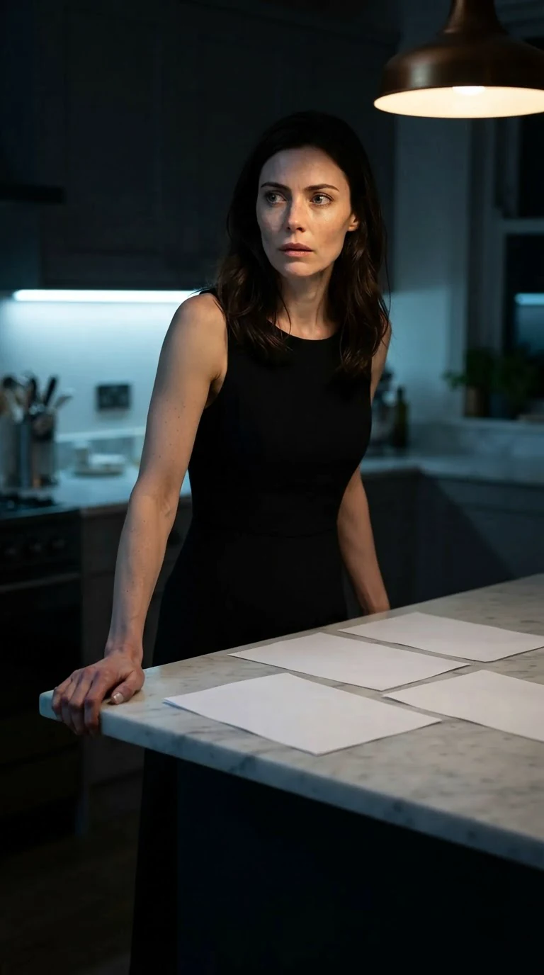Rue stands motionless in the kitchen, gripping the counter edge, pages scattered before her.