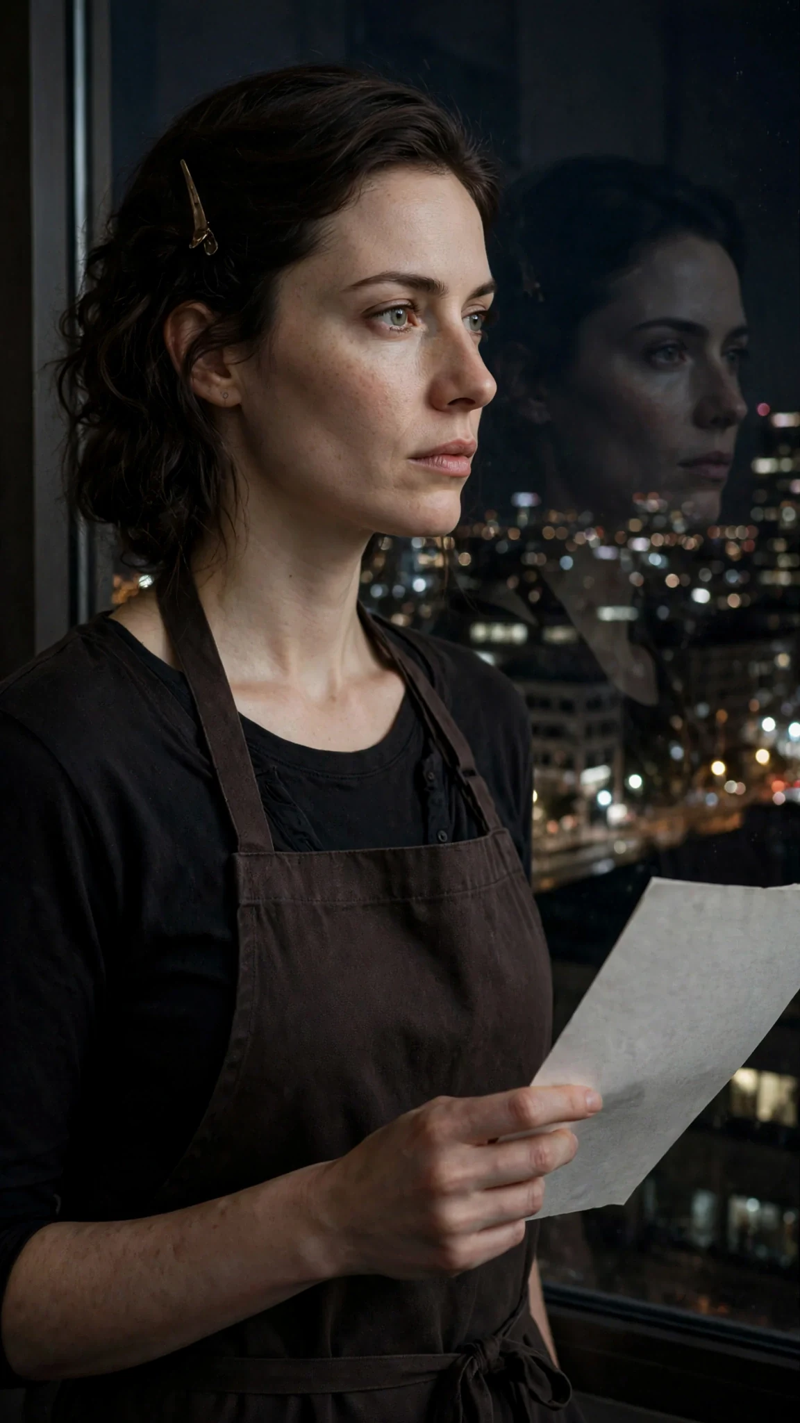 Rue's finger traces a date on the payment history page, her reflection in the dark window.