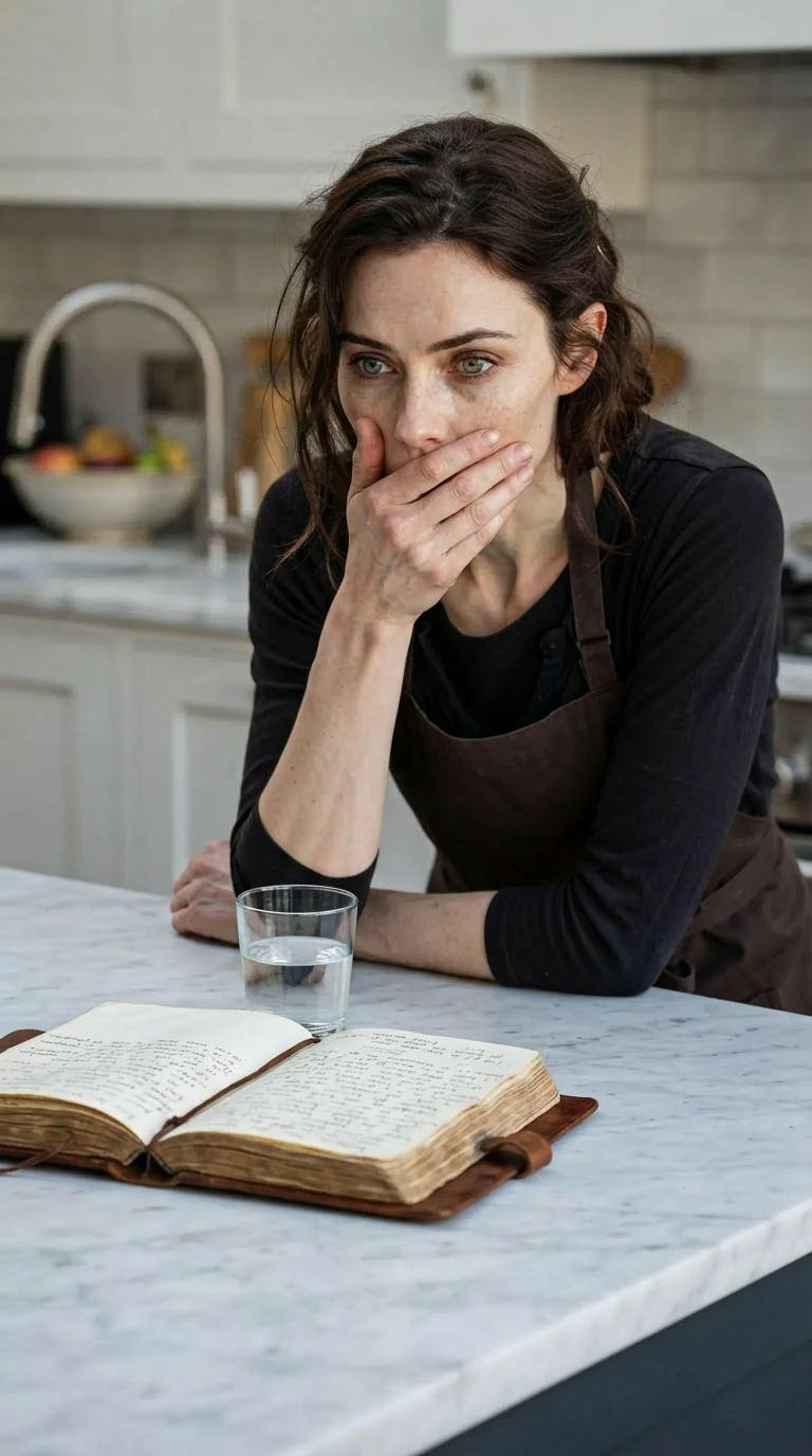 Rue stares at the page, one hand pressed to her mouth.