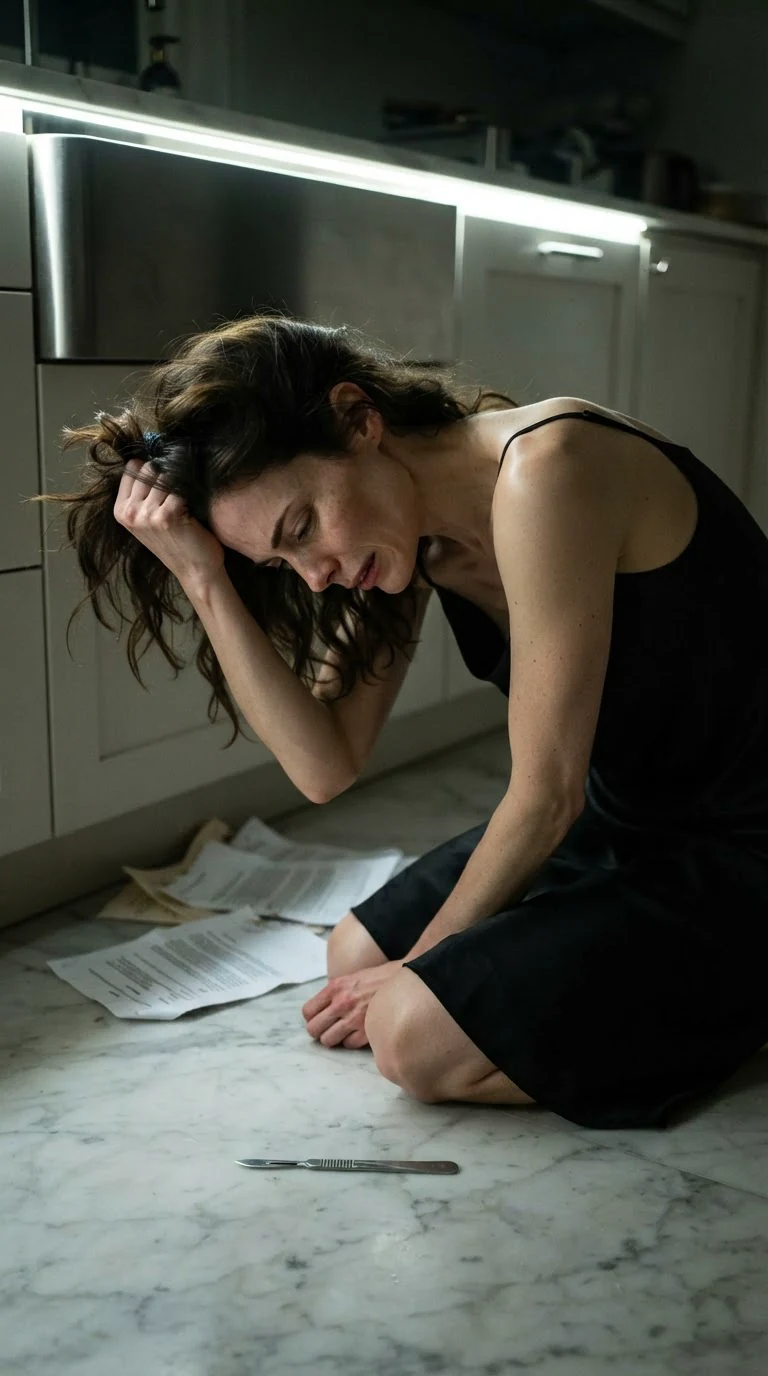 Rue kneels on the kitchen floor beside the sink, hair in her fist, face turned away.