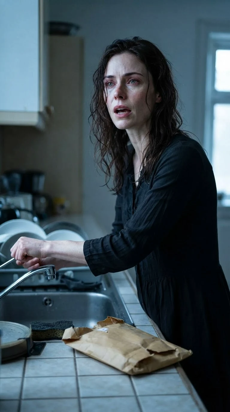 Rue straightens at the sink, chin lifted, speaking to the empty kitchen.