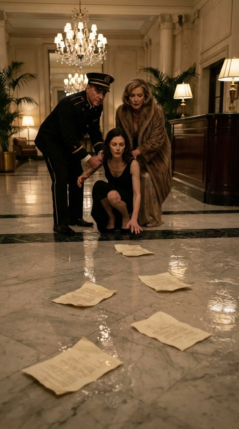 Pages scatter across a wet marble lobby floor as Rue crouches to gather them.