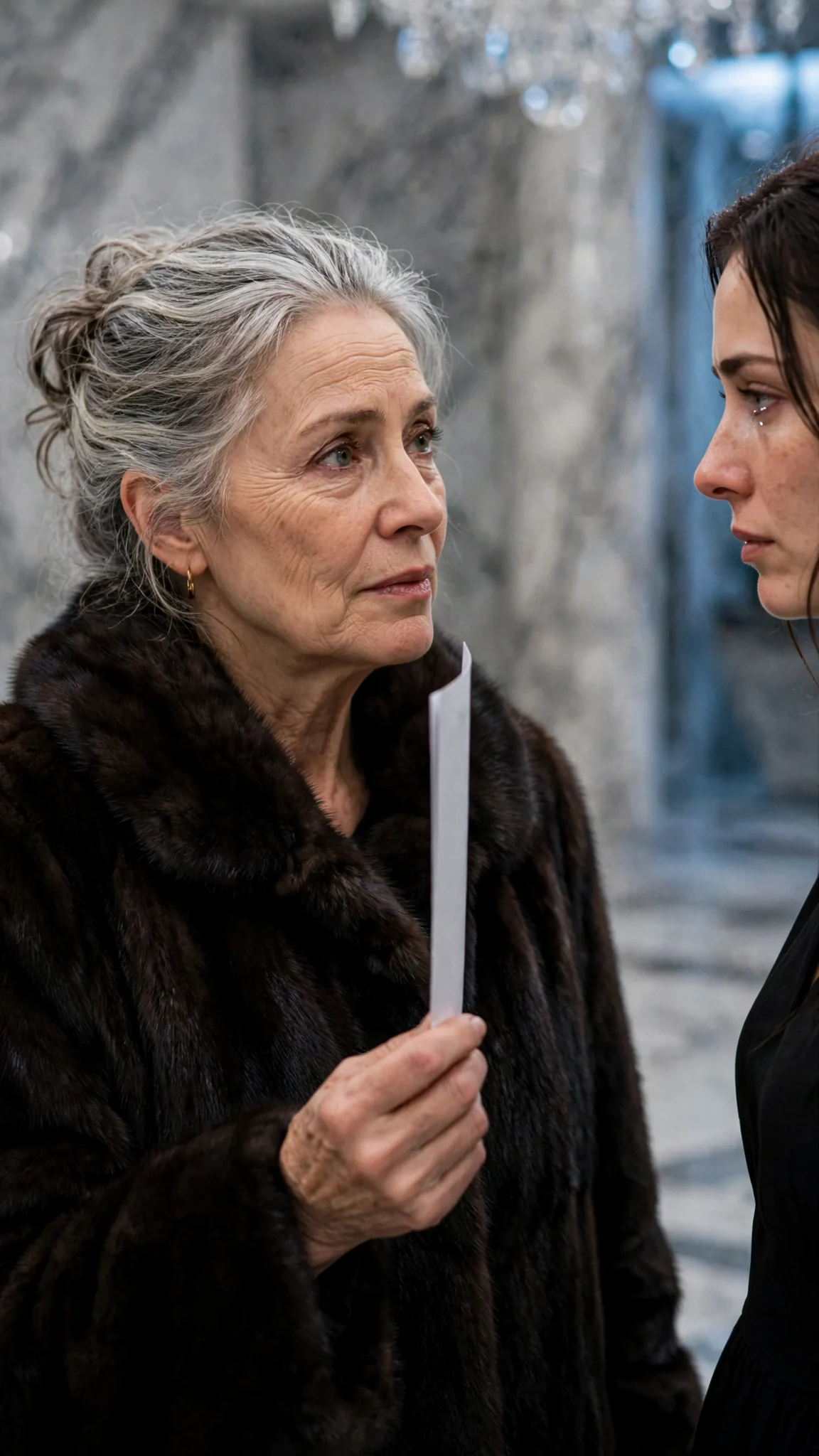 A woman in a mink coat holds a page, her eyes lifting to Rue's face.