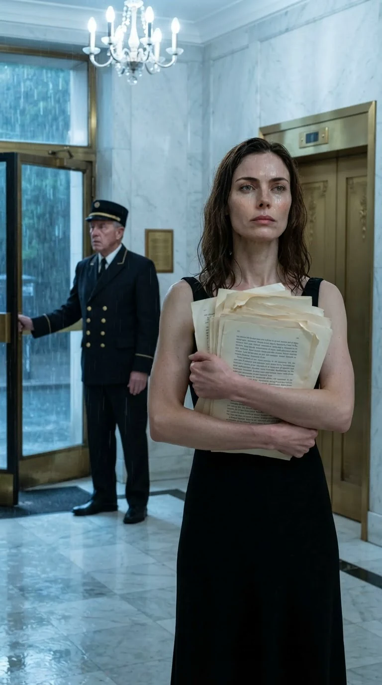 Rue stands in the lobby holding out-of-order pages, face wet, the doorman looking away.