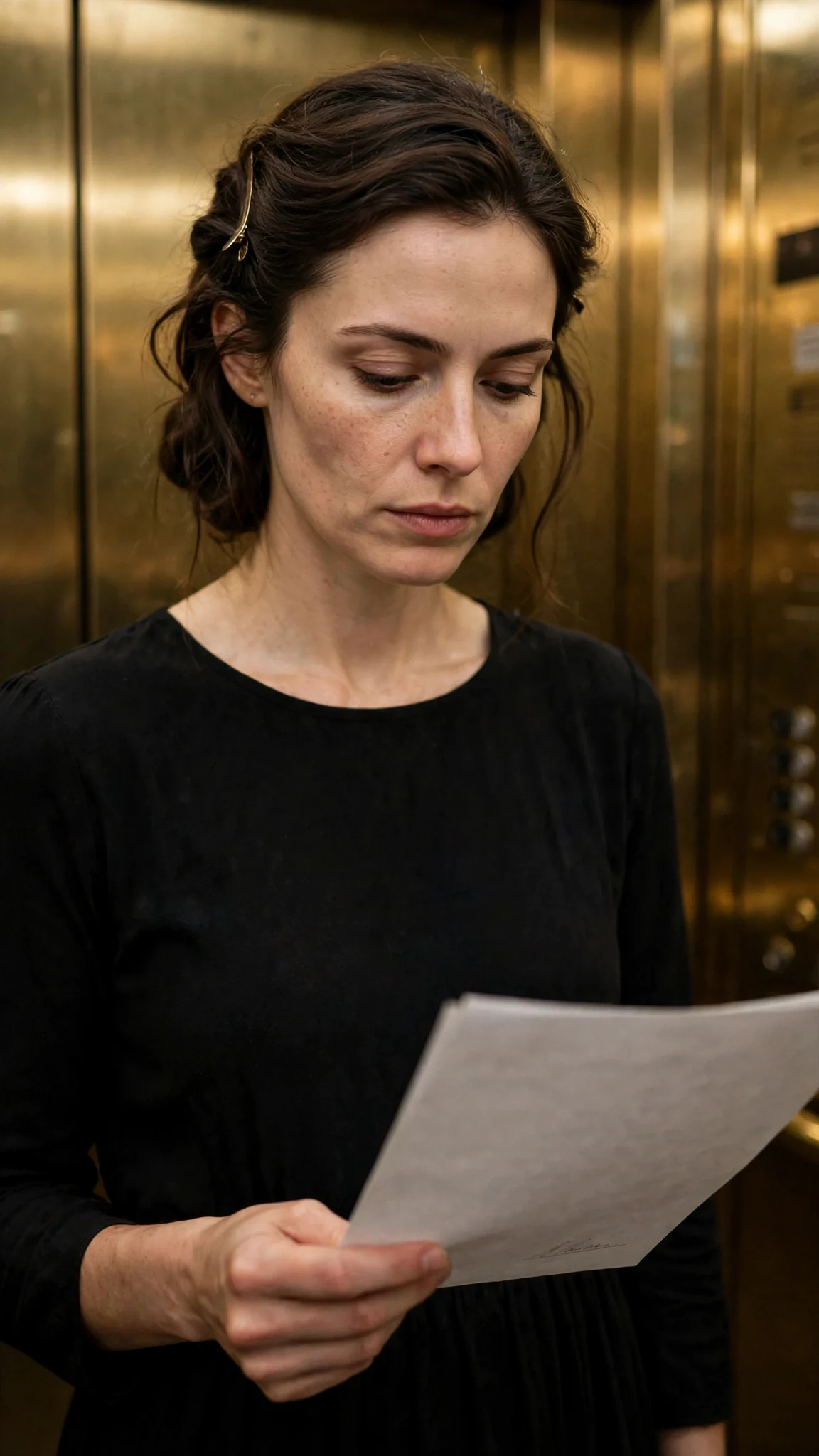 Rue looks at the top page in the elevator, her expression settling into something quiet.