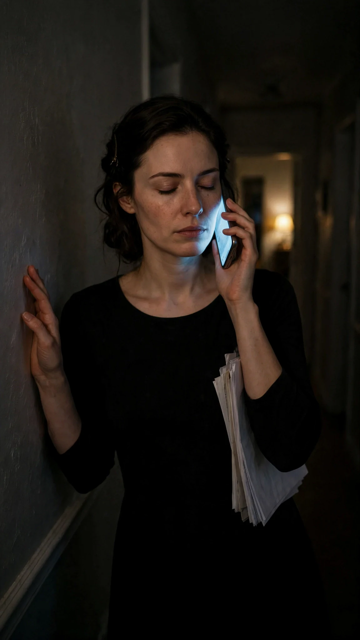 Rue stands in a dark hallway with a phone at her ear, one hand braced on the wall.