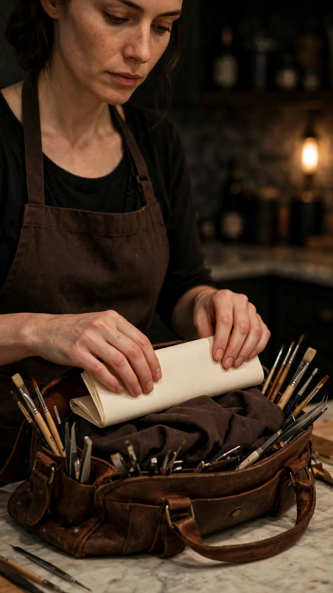 Rue slides the folded statement under her canvas work apron inside her leather workbag.