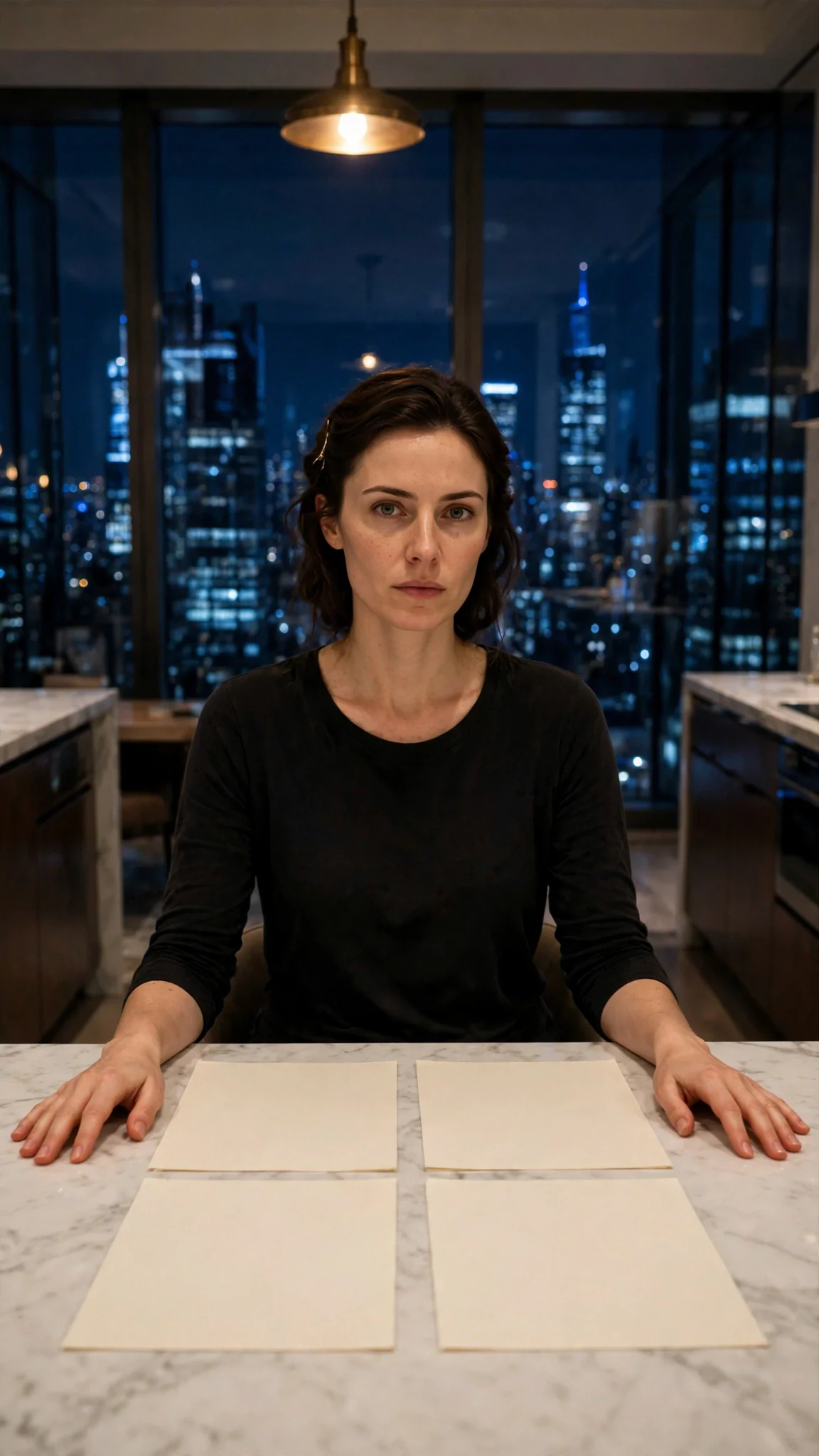 A woman sits alone at a marble kitchen island at night with a cream document in front of her.