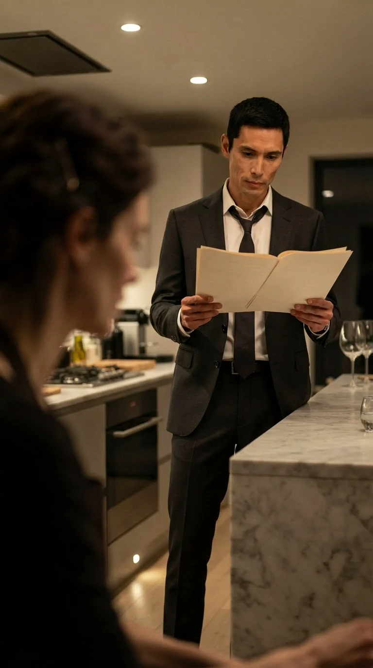 A tall man in a loosened tie reads a document by the kitchen light.
