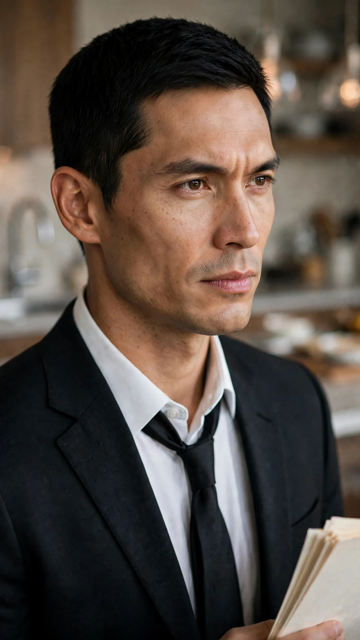 A close view of a man's face as he works out a problem rather than feels one.