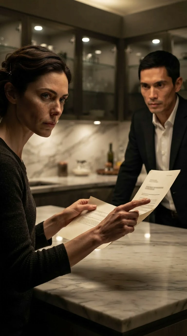 A woman points at a line on a financial statement, holding it up toward her husband.