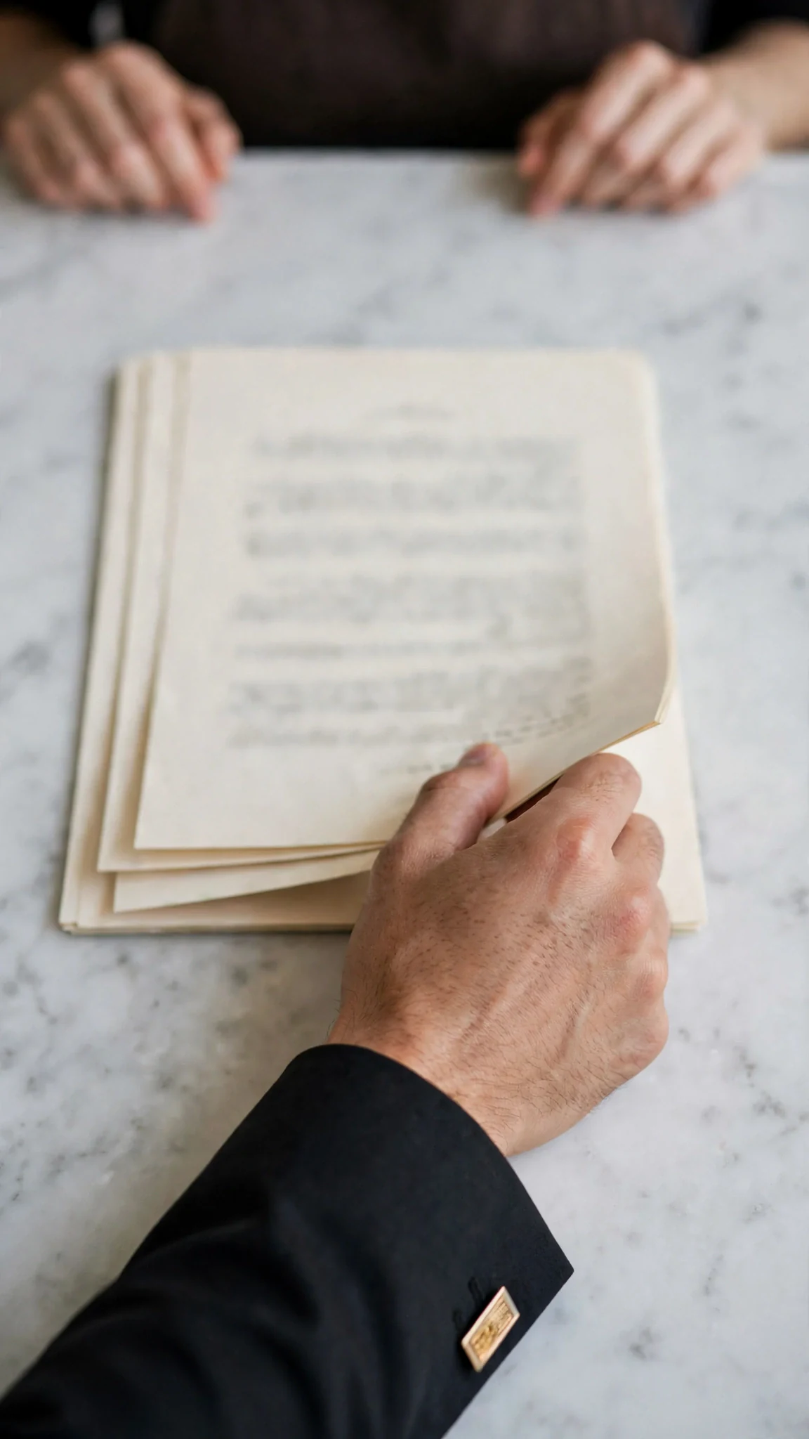 A man's palm flattens on the document and pulls it toward himself.