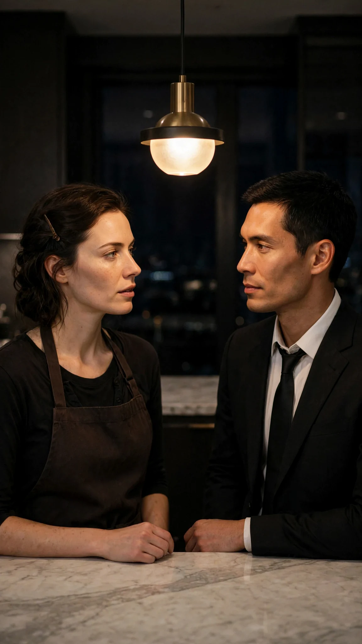 Two people across a kitchen island, the question hanging between them.