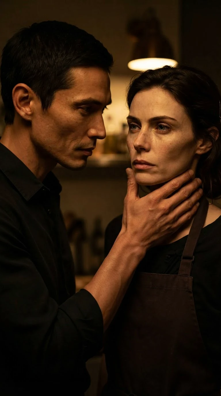 A husband reaches for his wife's jaw and her stillness turns to revulsion.