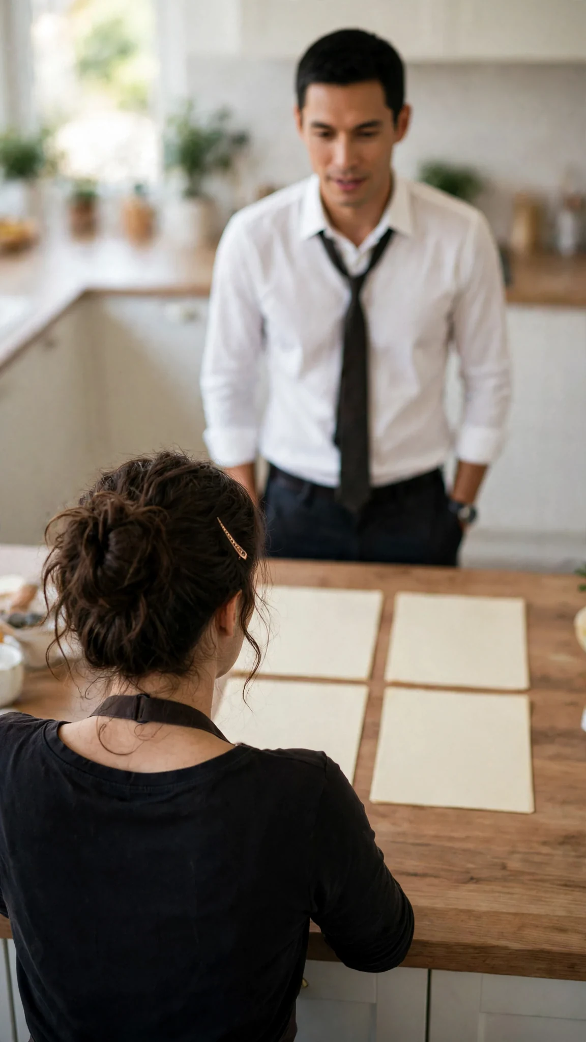 A man in a kitchen explains a payment schedule as if it were the weather.