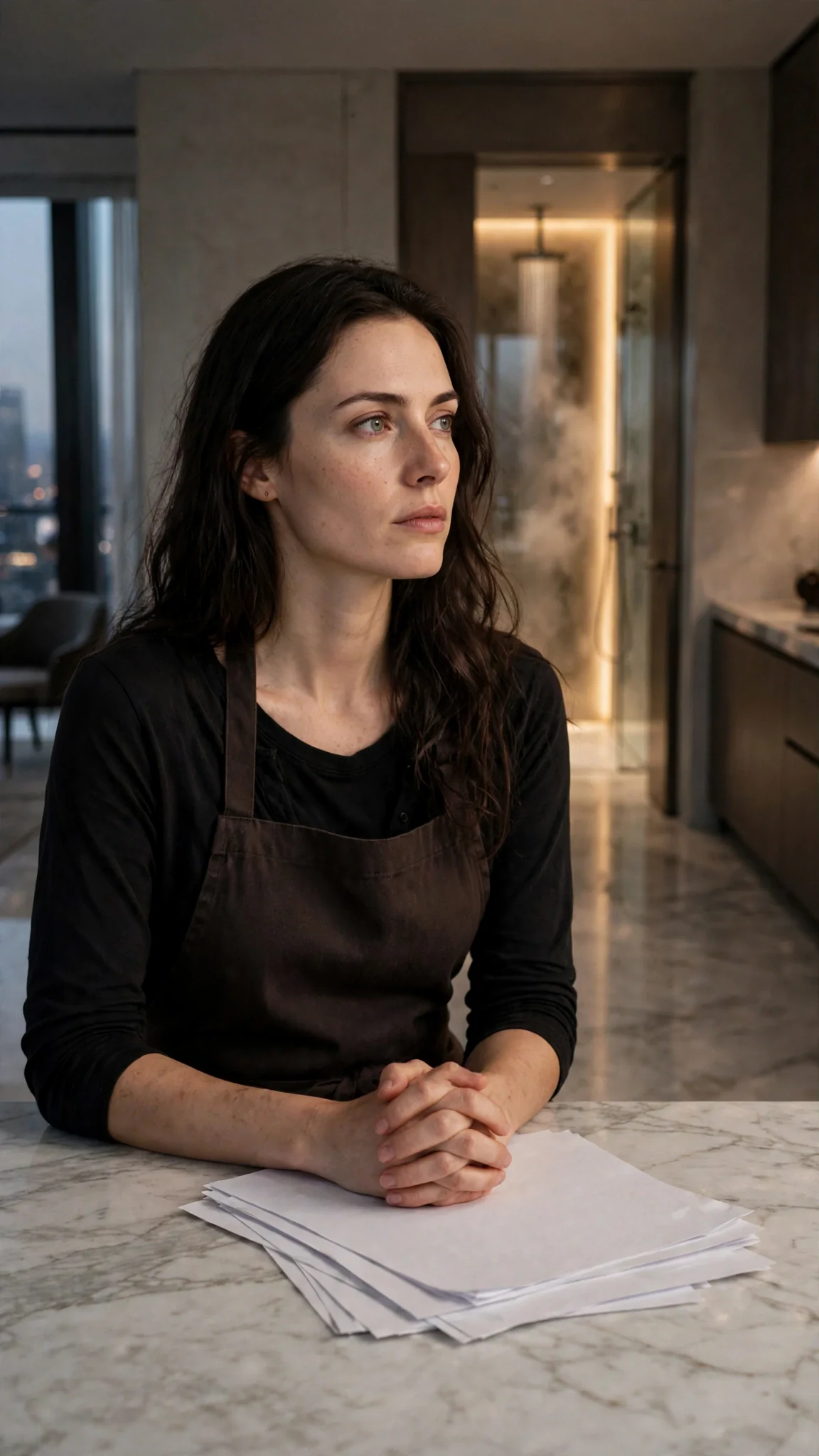 A woman sits alone at the kitchen island while a light burns down the hallway.