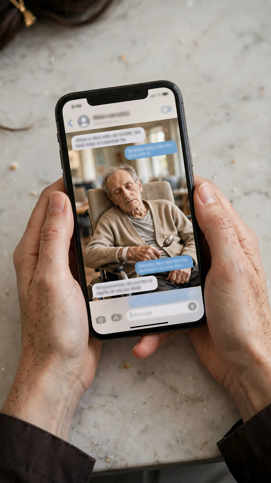 A phone shows a photograph of an elderly man asleep with a pudding spoon in his hand.
