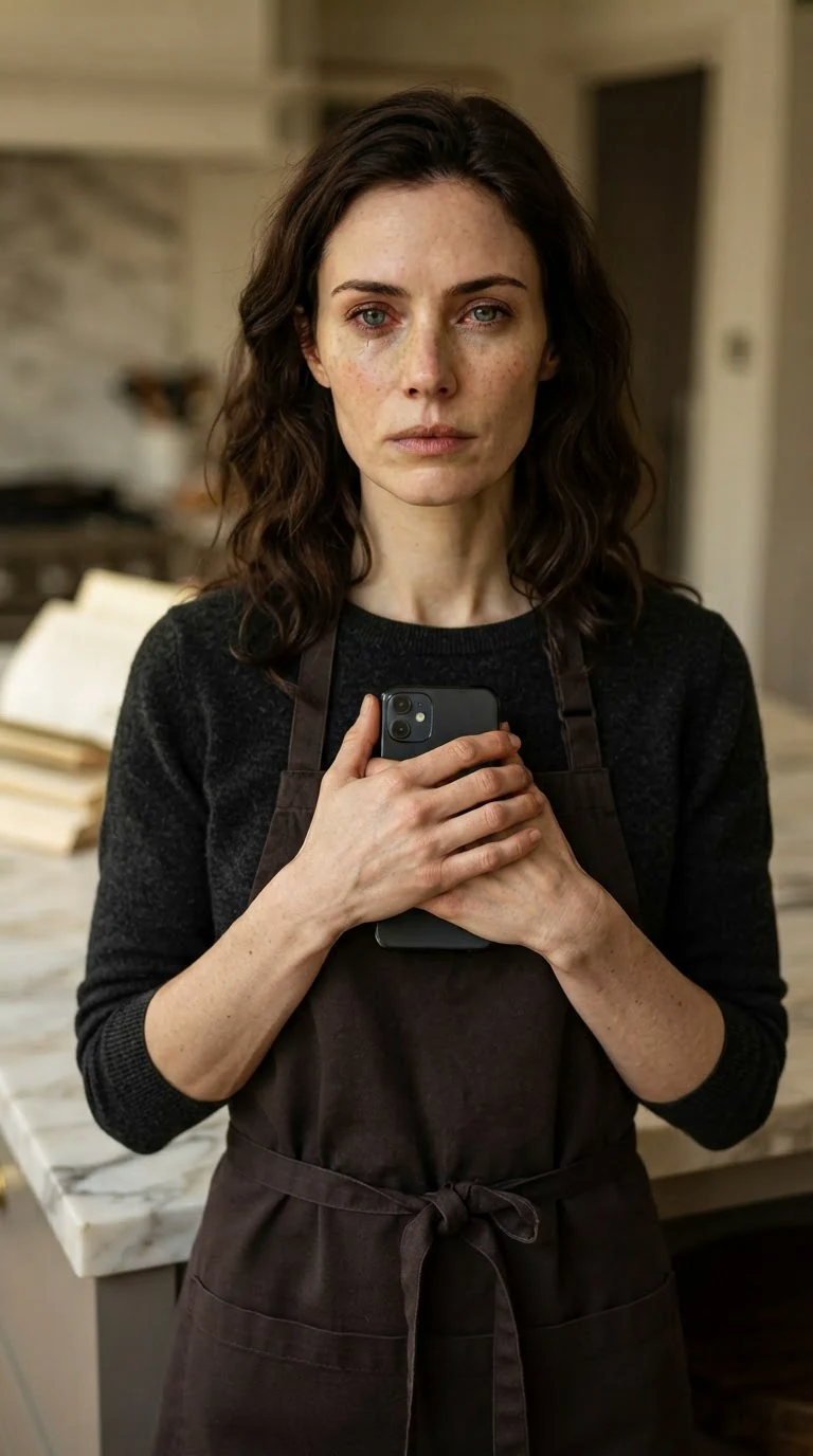 A woman holds her phone against her chest with her eyes wet and steady.