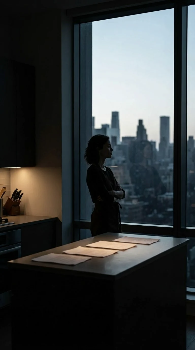 A woman stands at a penthouse window as the sky turns gray.
