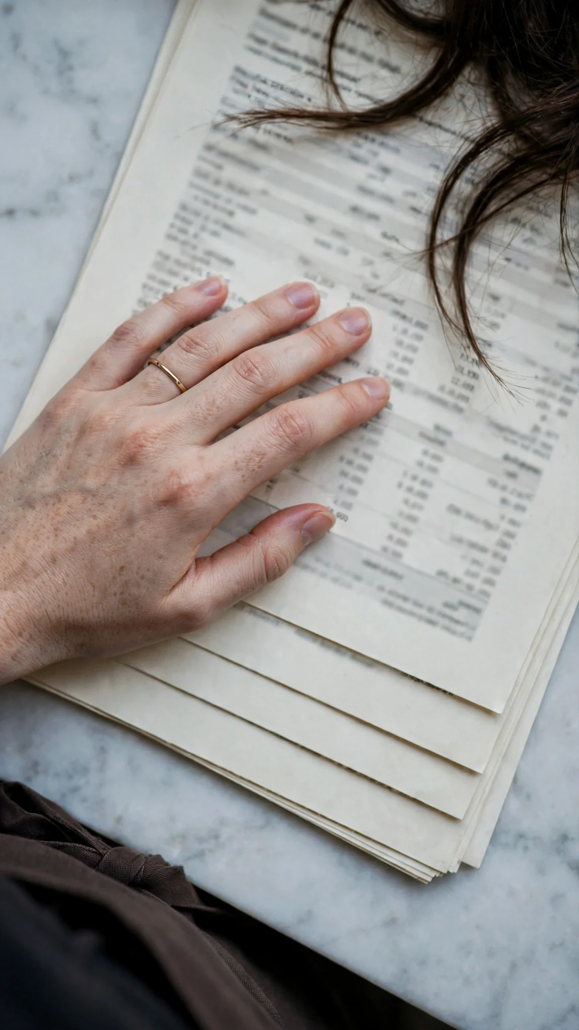 A wedding ring on a left hand resting on financial pages.