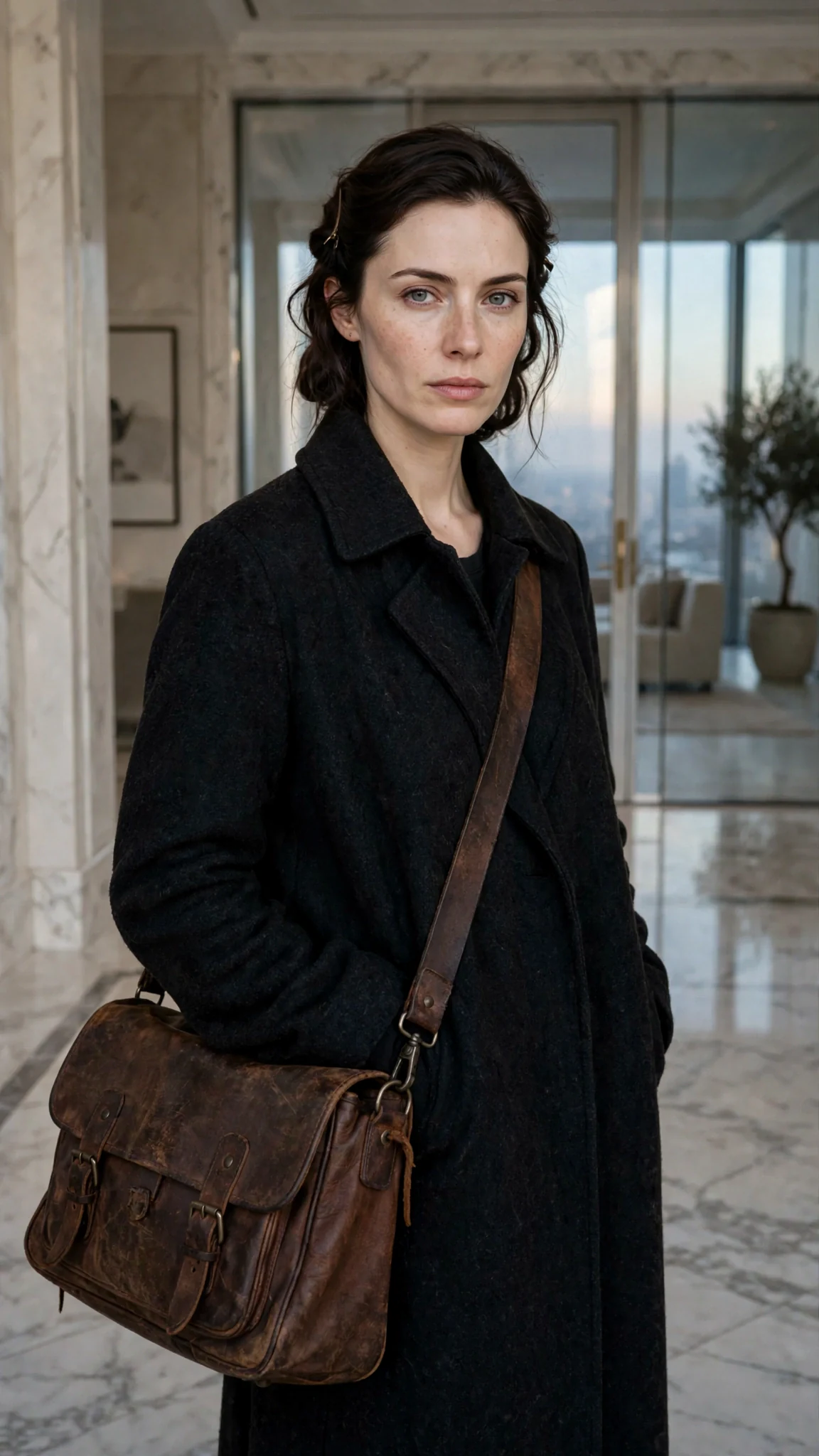 A woman stands in a dim marble foyer in her coat with her workbag, ready to leave at dawn.