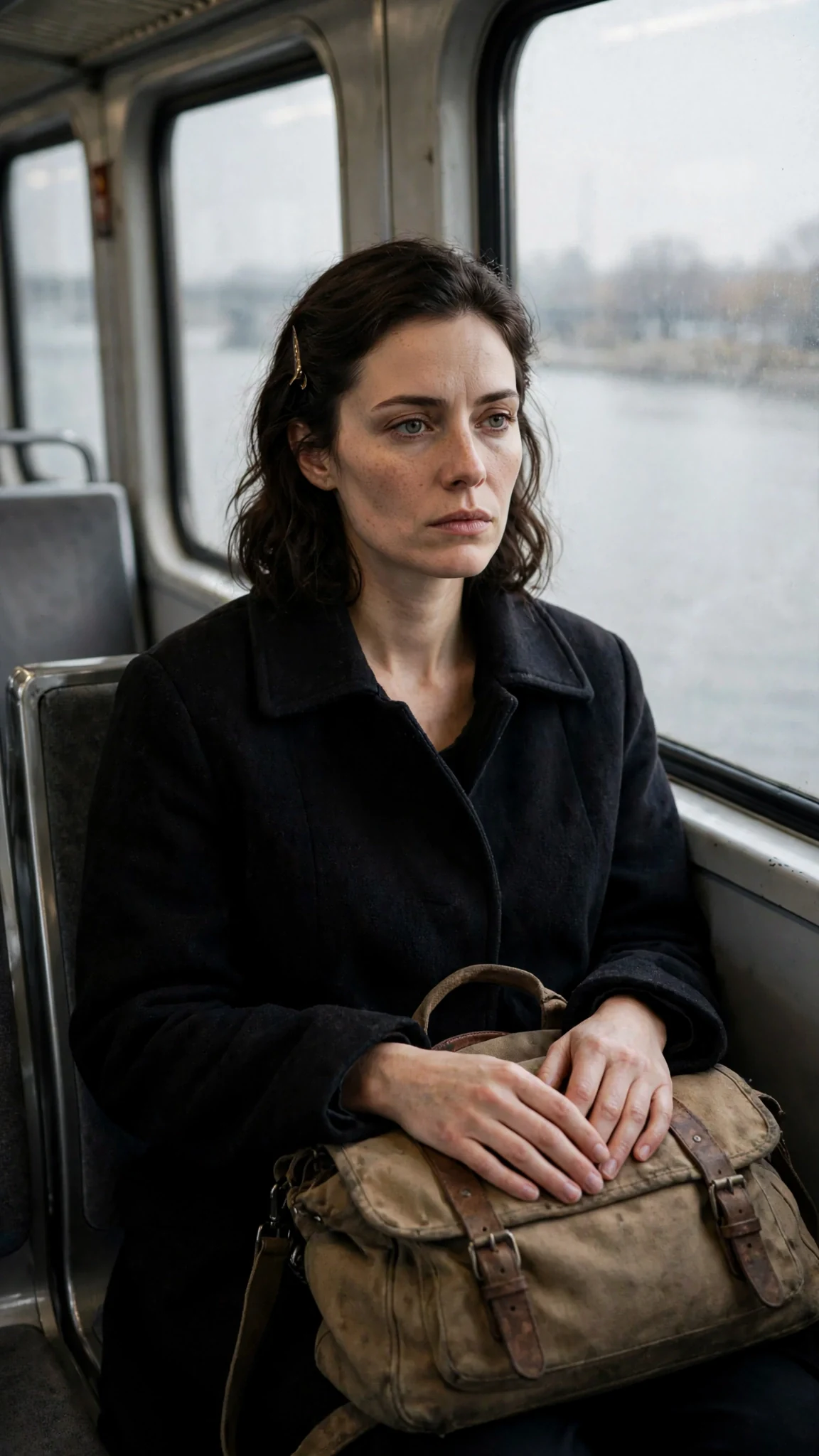A woman sits alone on an early train with a workbag on her knees, river light sliding over her face.