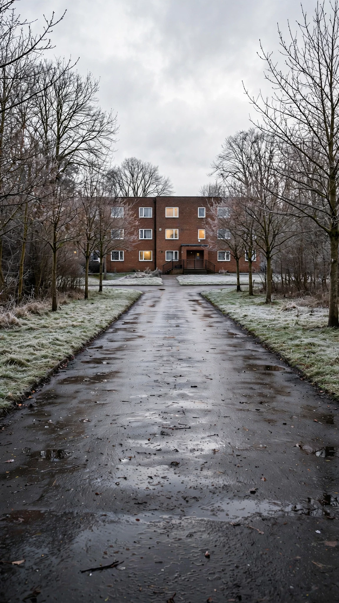 A low brick care home at the end of a road of bare trees under a white winter sky.