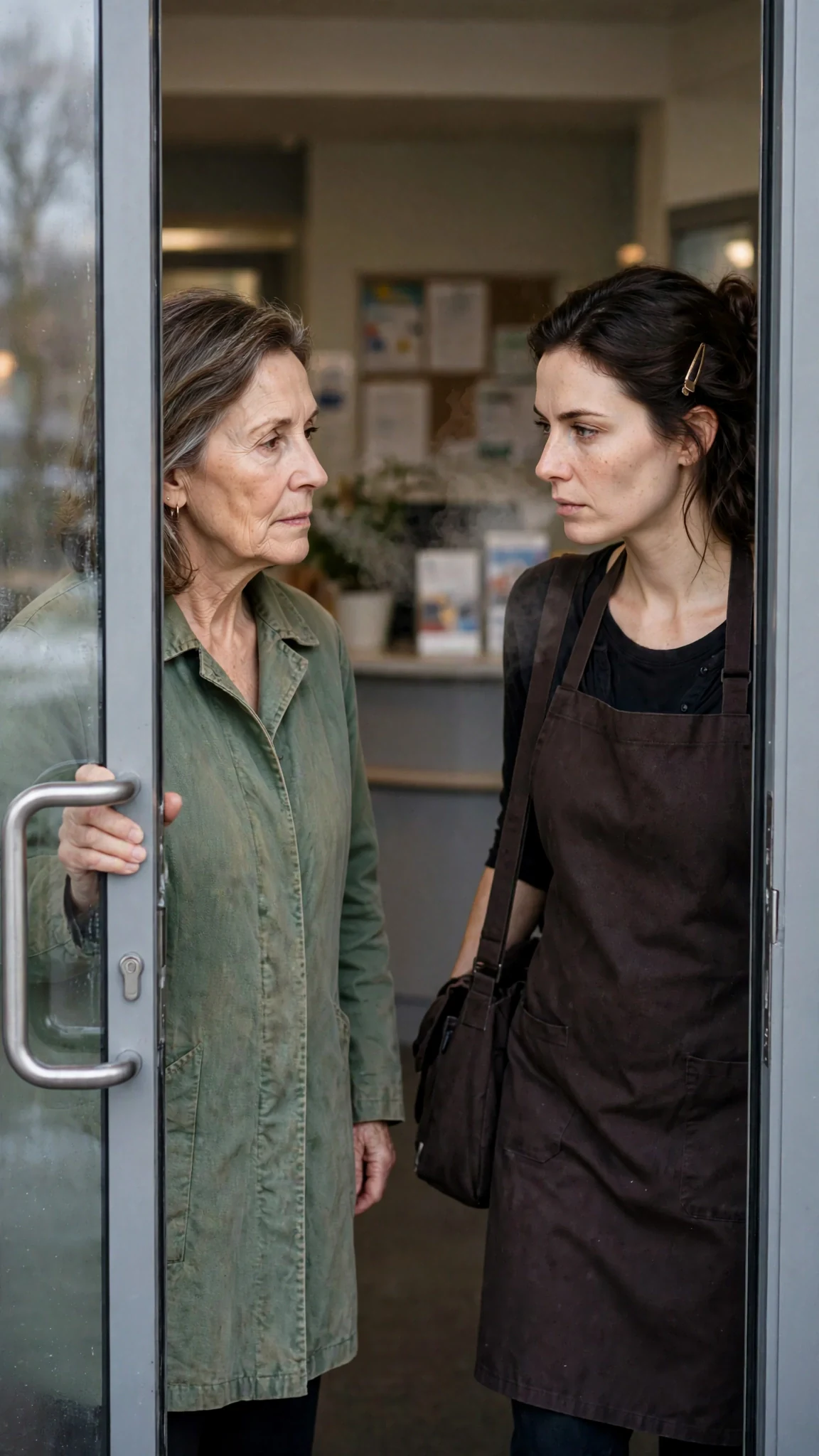 An older woman in a faded green coat waits at the door, and a younger woman steps in from the cold.