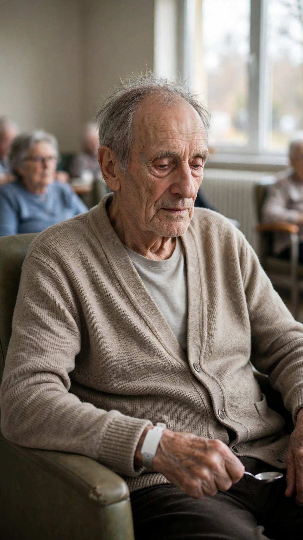 A thin gray-haired man in a soft cardigan sits in a dayroom chair, one fist still holding a spoon.