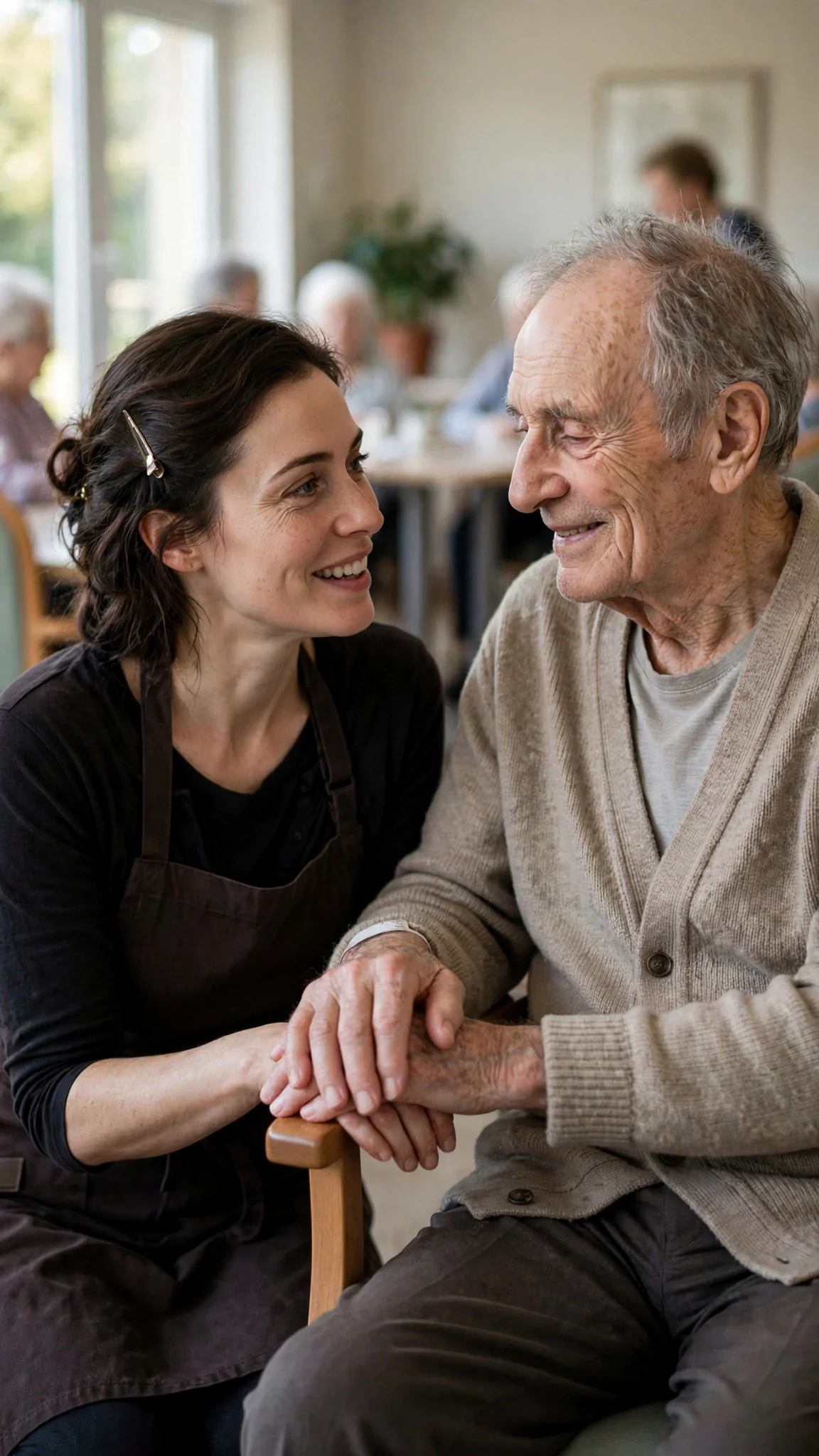 A daughter leans close to her father, telling him a bright story, his hand over hers.