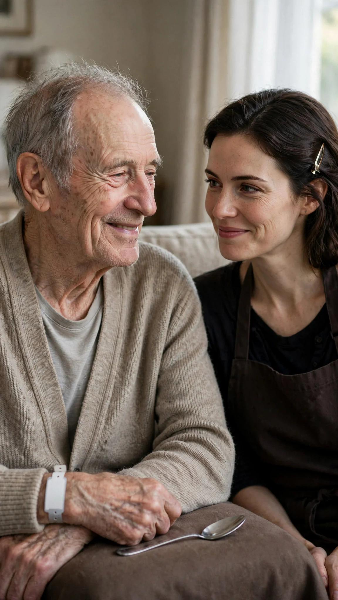 The father nods, satisfied, while his daughter's smile holds by effort.