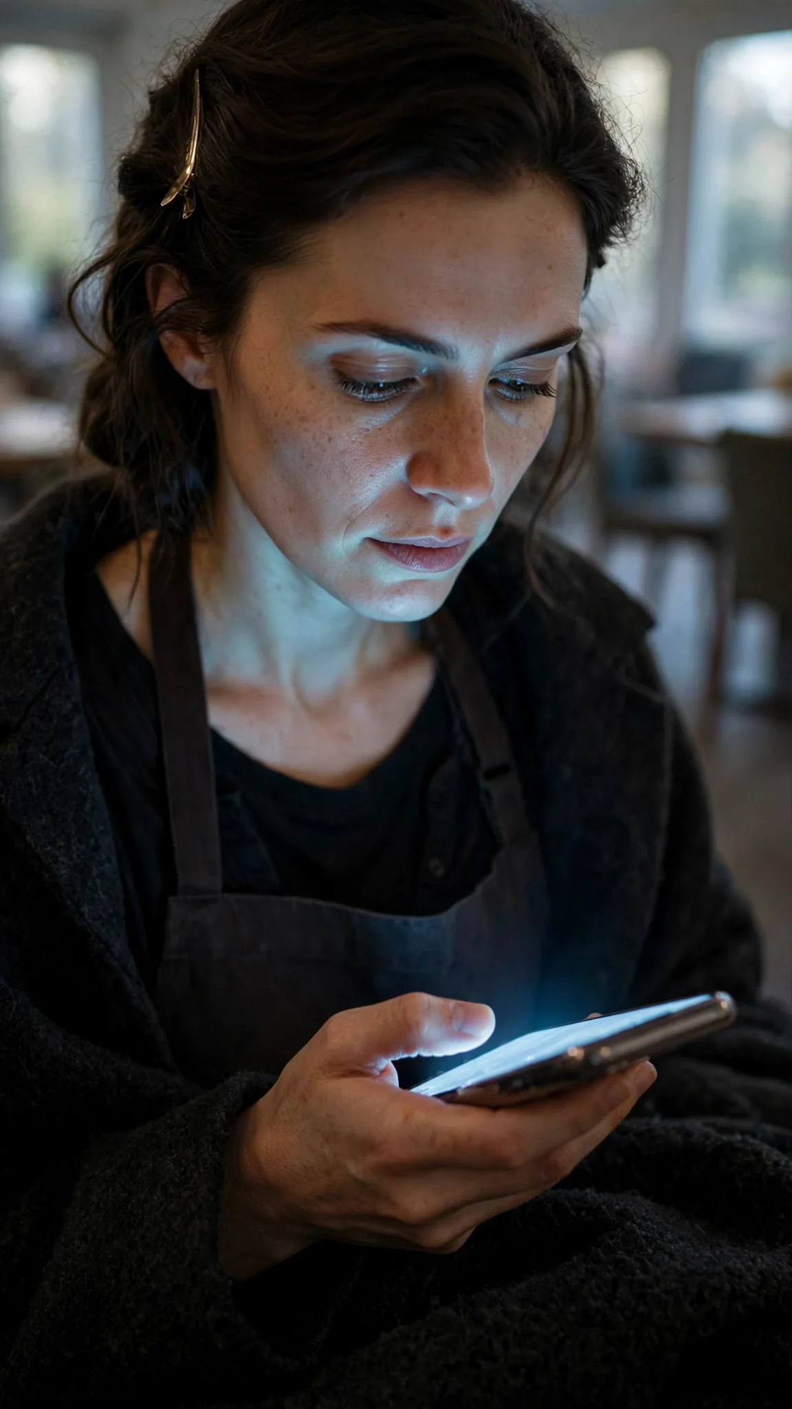 A phone lighting up against a wool coat, the screen glow on a woman's hand.
