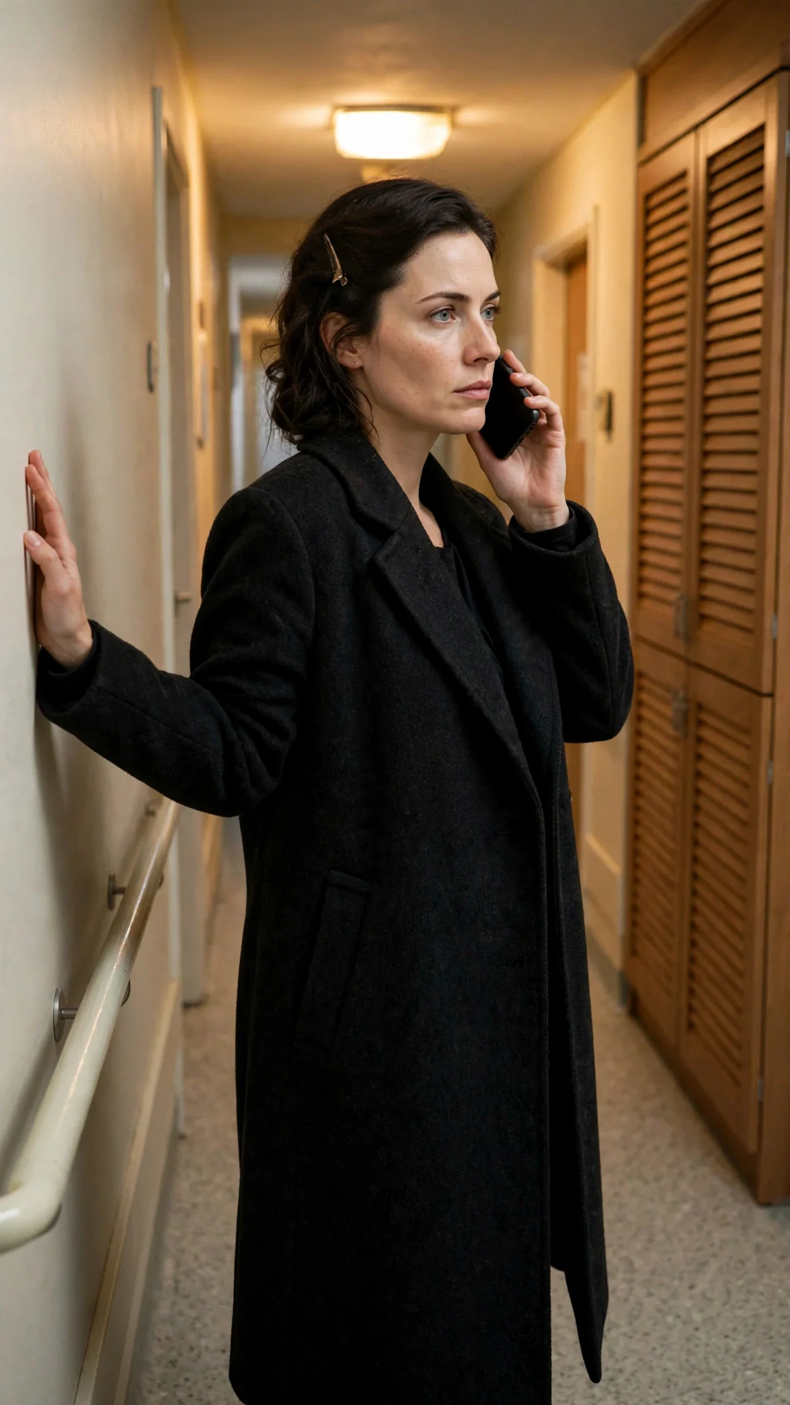 A woman stands in a narrow care home corridor by a linen cupboard, phone to her ear.