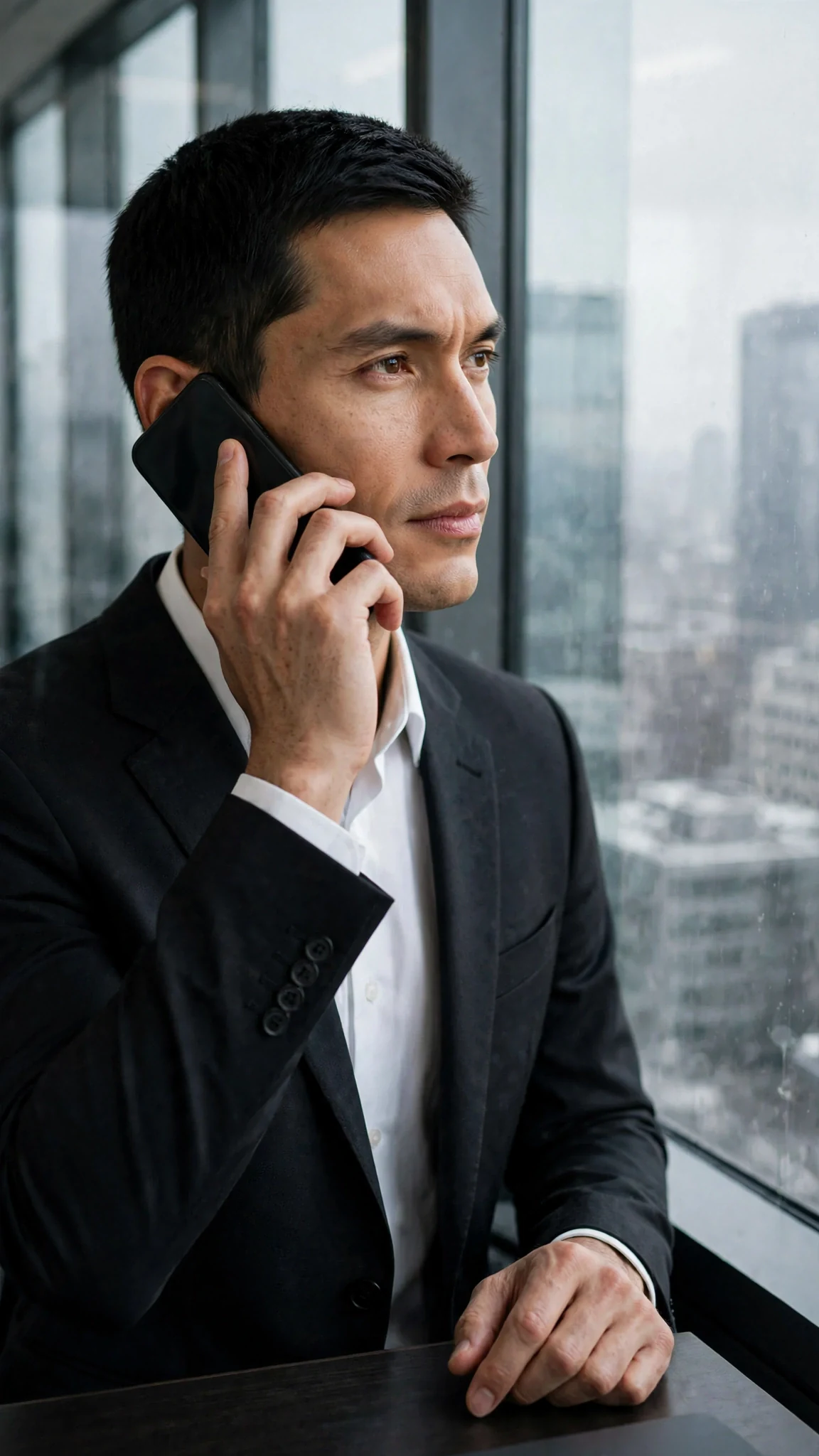 A man in a dark suit stands at a tall office window, phone at his ear, city gray behind him.