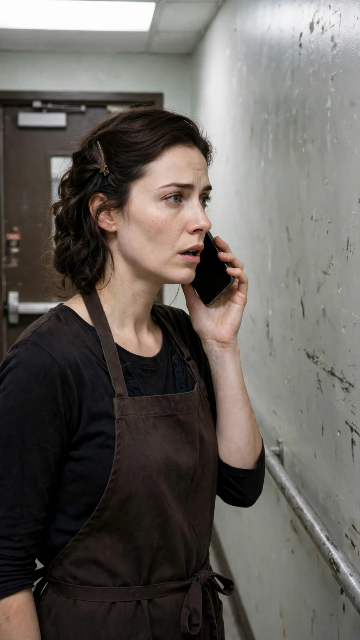 The woman in the corridor, phone away from her ear, staring at the wall.