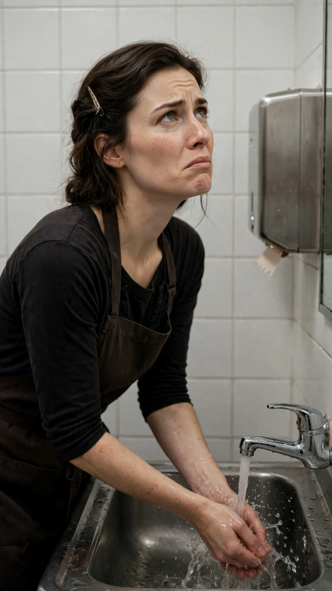 A woman washes her hands at a small sink in a care home bathroom, water running.
