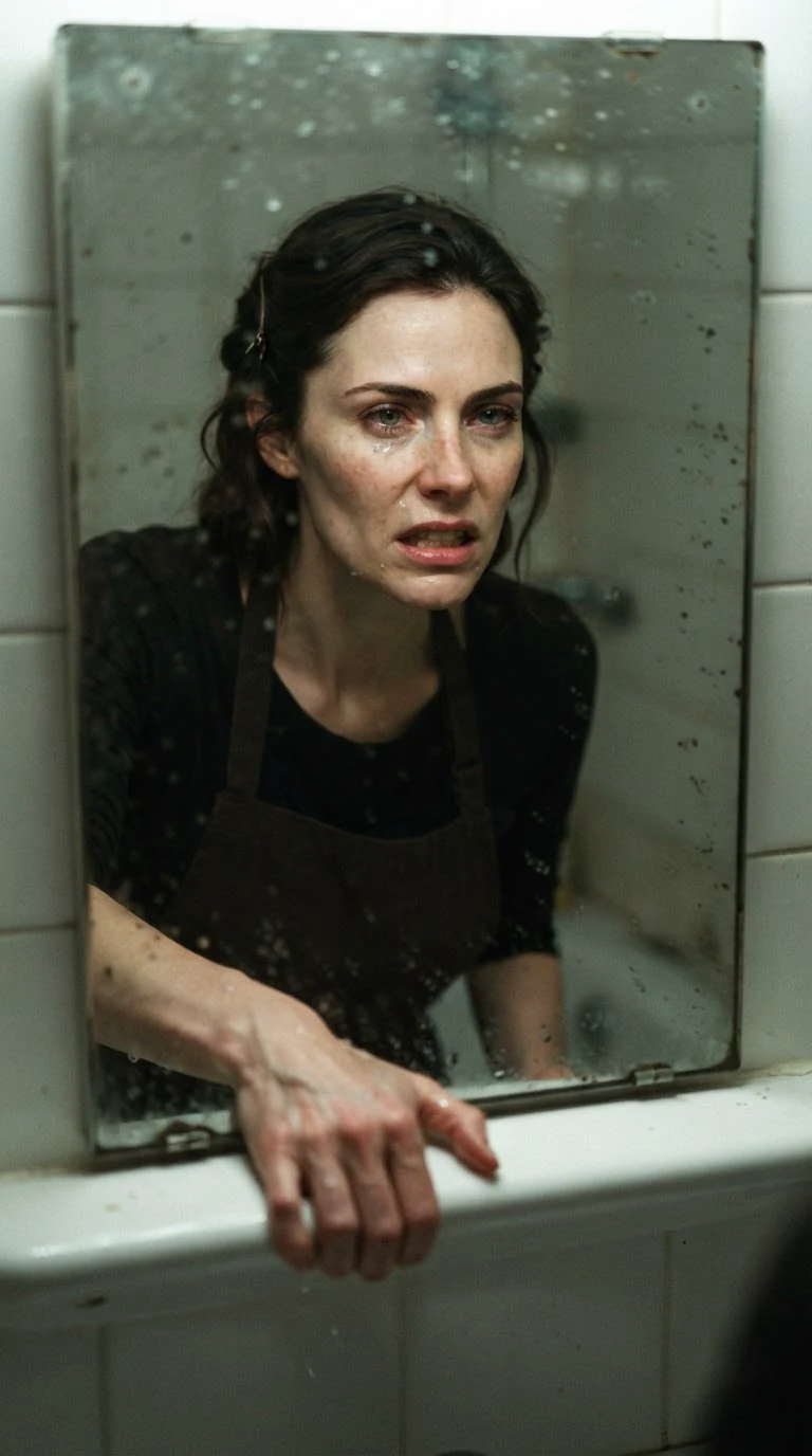 A woman's reflection in a bathroom mirror, jaw tight, eyes wet and furious.