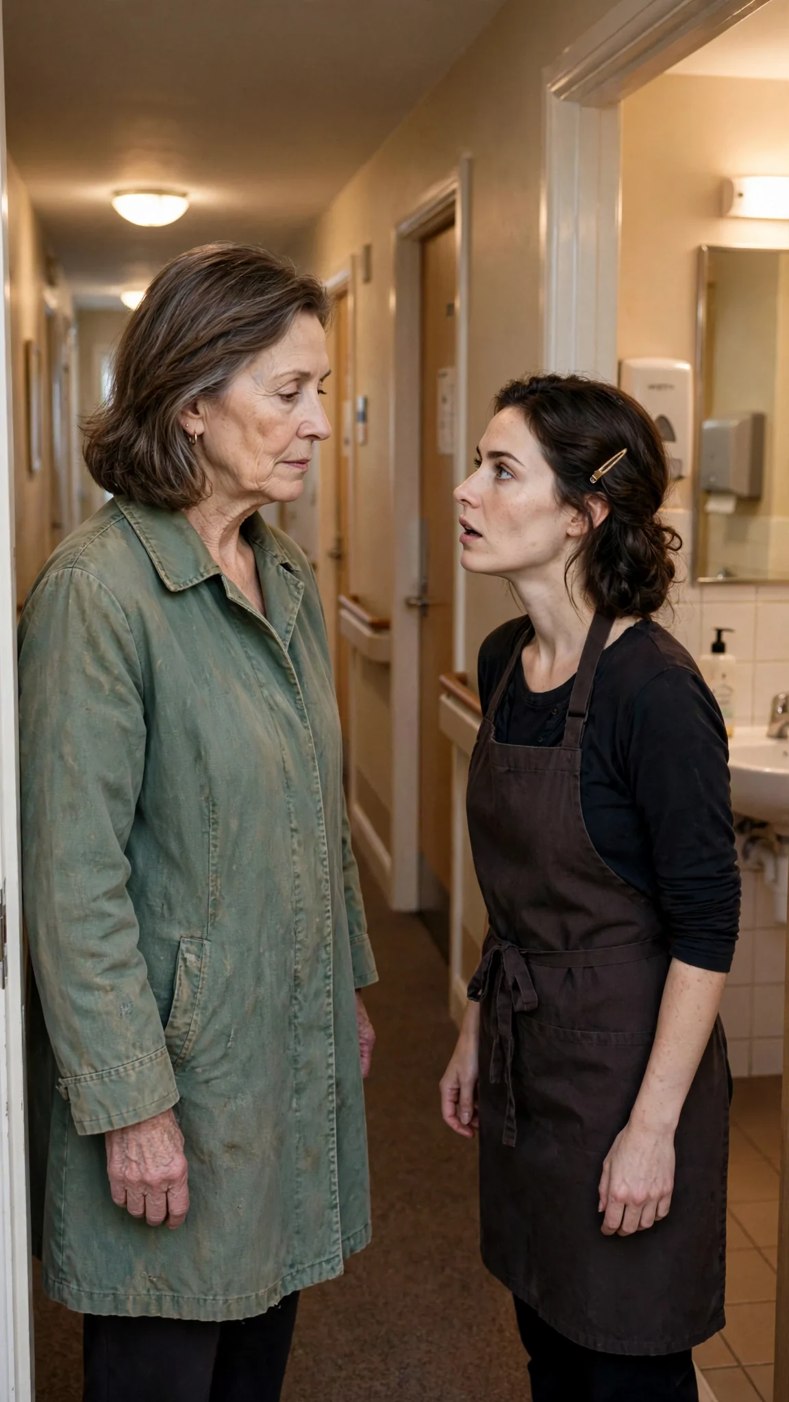 An older woman stands in the corridor doorway, watching her daughter come out.