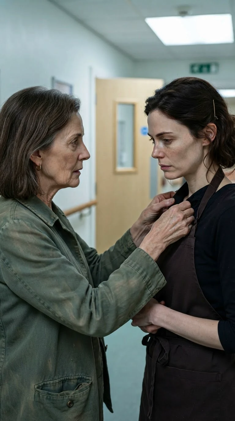 Mother and daughter close together, the older woman's hand at her daughter's collar.